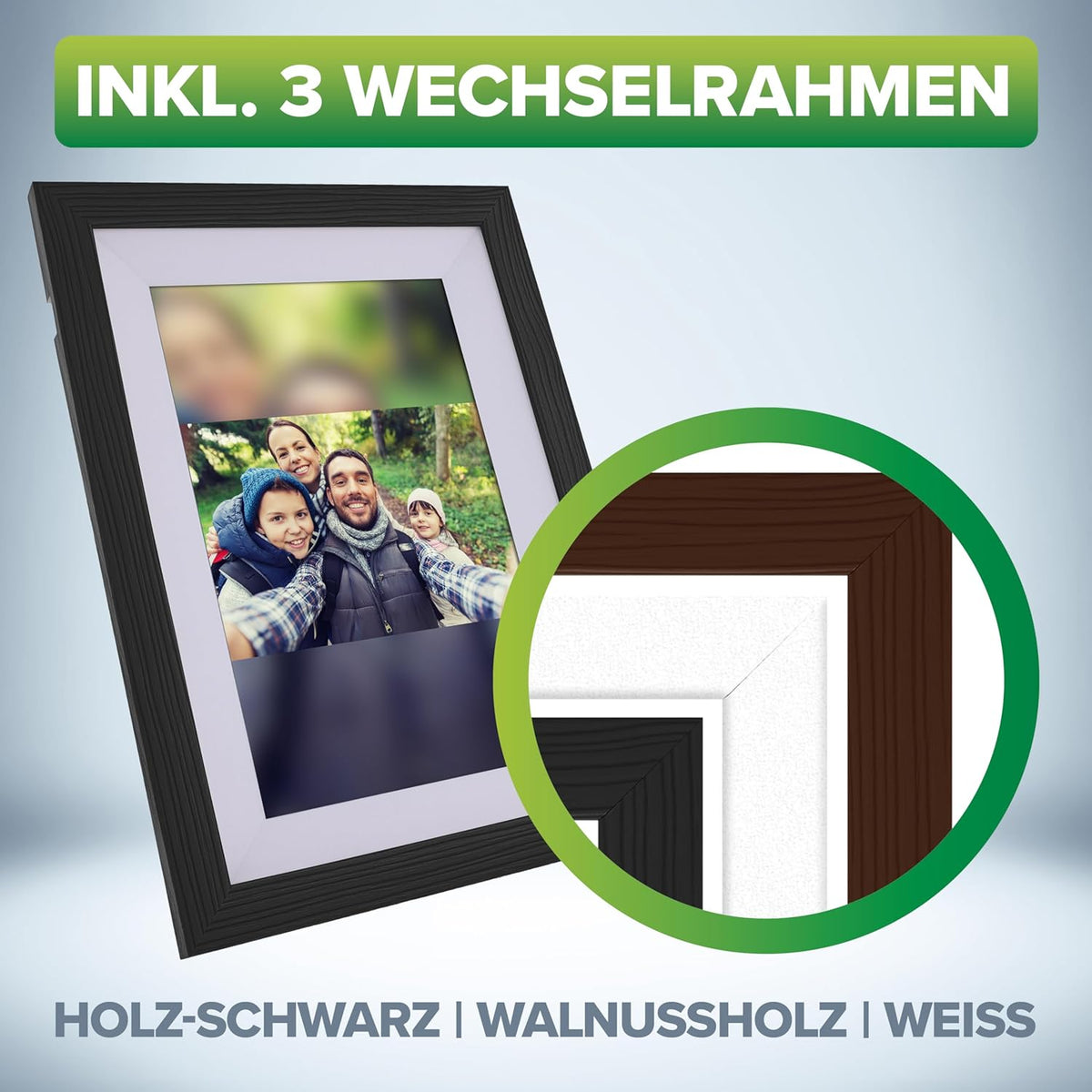Digitaler Bilderrahmen, WiFRAME 2, FRAMEO, inkl. 3 Wechselrahmen, Walnussholz, WiFi, 10,1 Zoll mit Touch-Funktion, 1920x1200, 16GB Speicher, Teilen Sie Ihre Momente sofort von überall