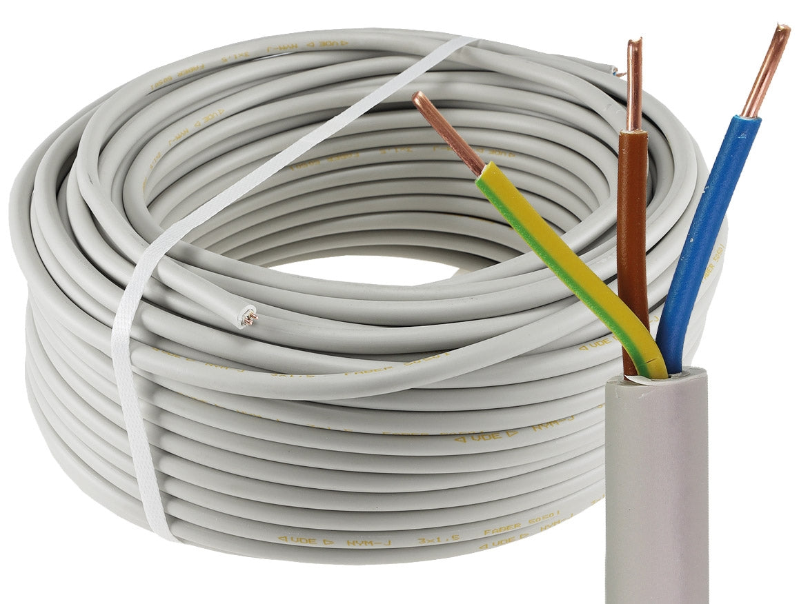 Stromleitung "NYM-J", 50m, isoliert 3G1,5, grau, Außen-Ø 8,2mm, Ring