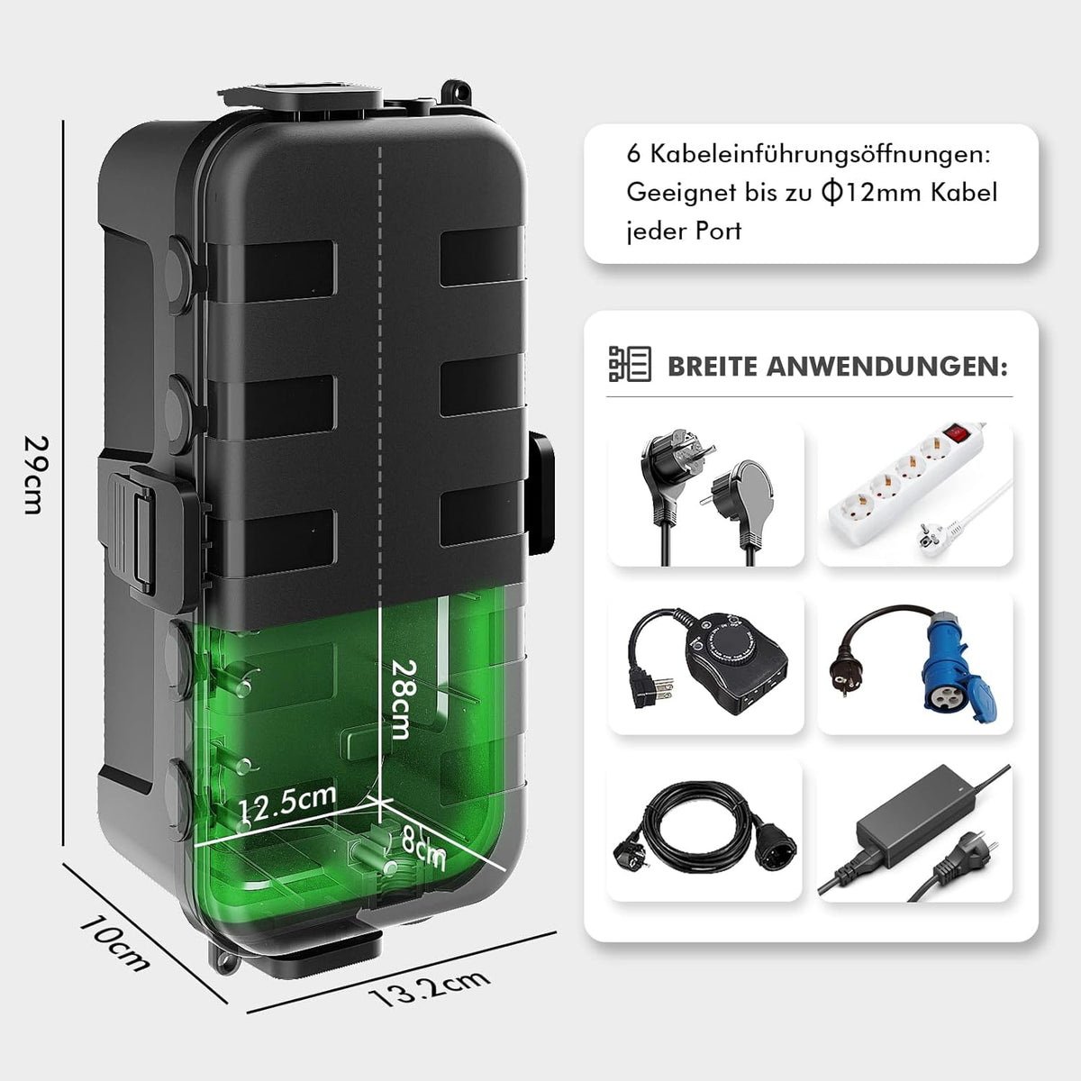 wasserdichte Kabelbox für den Außenbereich, IP54 wasserdicht, Wetterfeste Kabelbox, Ideal zum Schutz von Verlängerungskabeln, Steckdosenleisten und Winkelsteckern (29cm×13,2cm×10cm) Schwarz