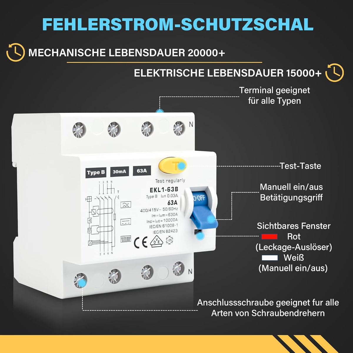 FI Schutzschalter Typ B 63A 30mA 4 Polig, VDE Zertifizierung Fehlerstromschutzschalter RCD Allstromsensitiver Schalter Automat Sicherung für Wallboxen Ladestationen, DIN Hutschiene Montage