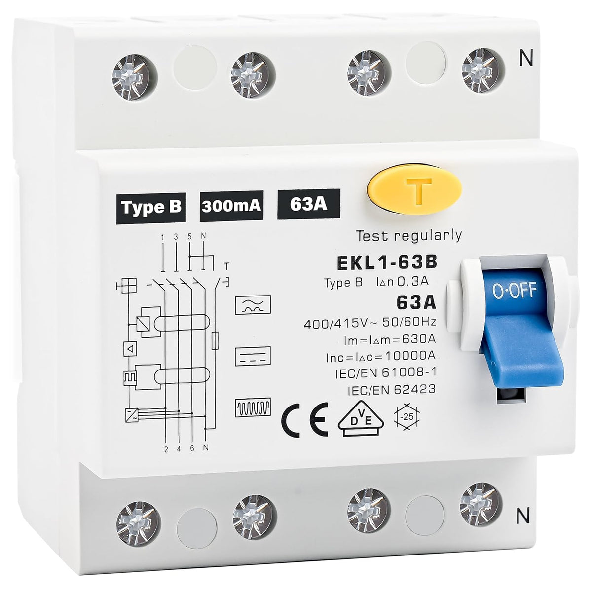 FI Schutzschalter Typ B 63A 300mA 4 Polig, VDE Zertifizierung Fehlerstromschutzschalter RCD Allstromsensitiver Schalter Automat Sicherun für Wallboxen Ladestationen, DIN Hutschiene Montage