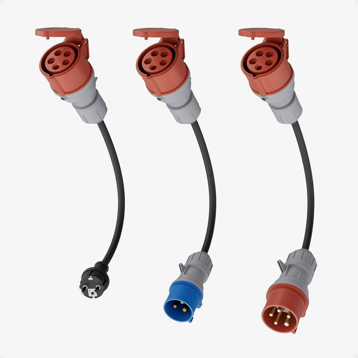 Adapterset CEE 16A 5-Poliger für Mobile Wallbox / EV Ladegerät / Ladestation an CEE Rot 32A/ CEE Blau 16A/ 230V Haushaltssteckdose mit 0,5m Gummikabel H07RN-F 3G2.5mm² IP44 Außeneinsatz
