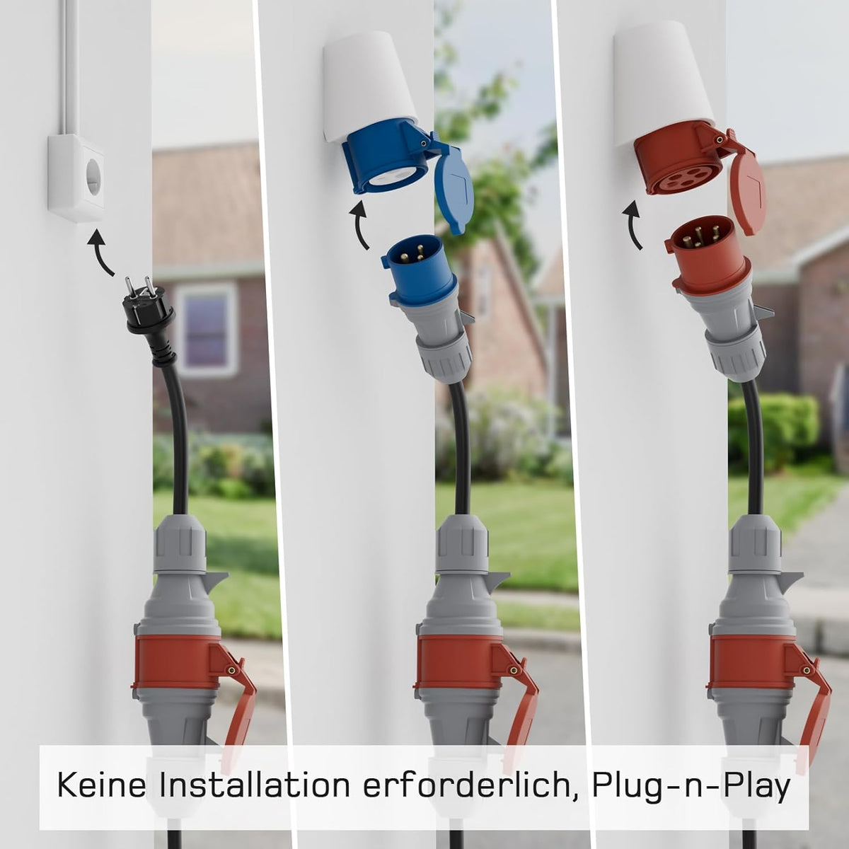 Adapterset CEE 32A 5-Poliger für Mobile Wallbox / EV Ladegerät / Ladestation an Rot 16A/ CEE Blau 16A/ 230V Haushaltssteckdose mit 0,5m Gummikabel H07RN-F 3G2.5mm² IP44 Außeneinsatz