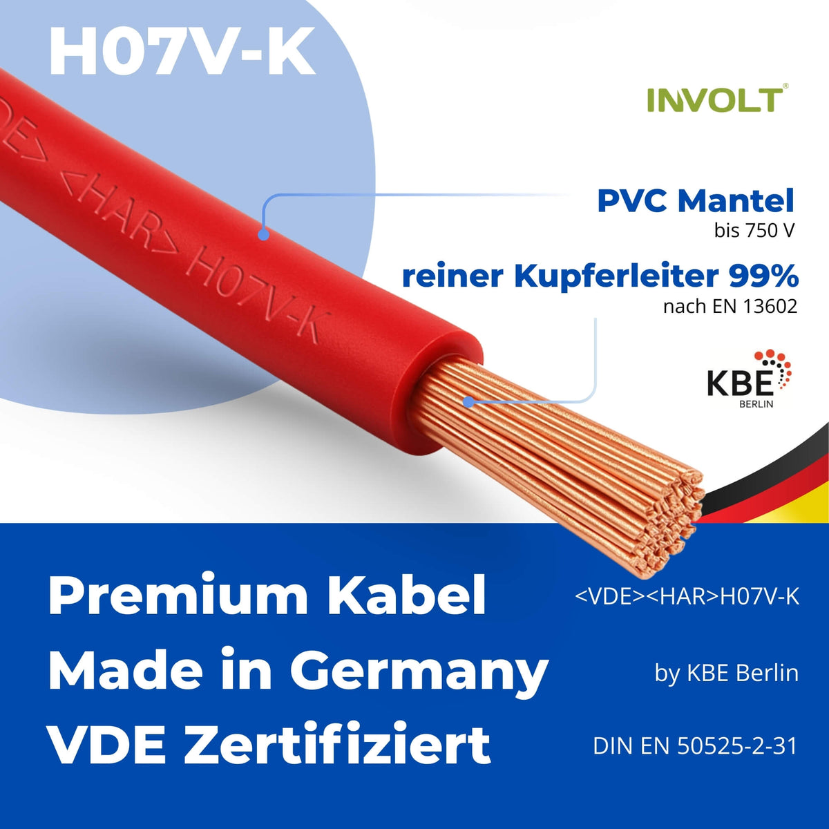 H07V-K 10 mm² Verdrahtungsleitung Set, 5x je 10m Einzelader Schwarz, Blau, Braun, Grau, Grün-Gelb + Zubehör