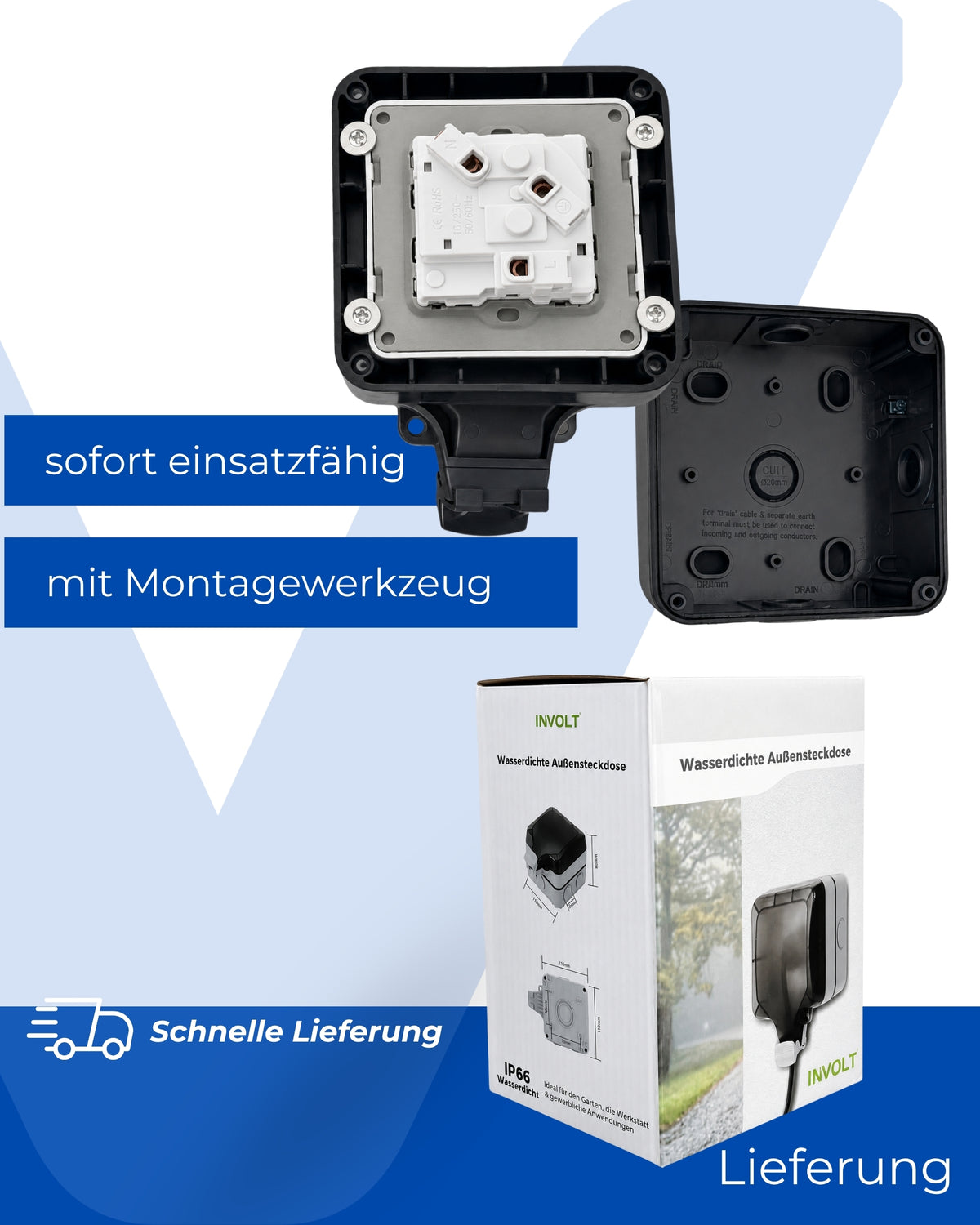Außensteckdose-Set IP66 Schwarz IP66 Wetterfest Schutzkontakt mit Klappdeckel