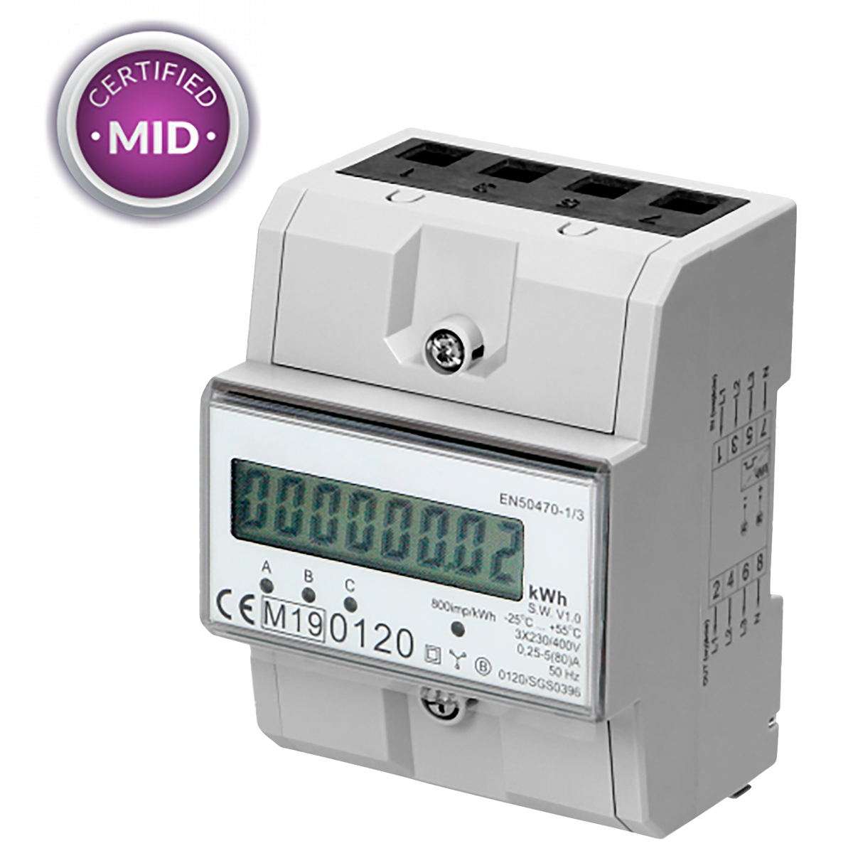 3-phasiger Stromzähler, 80A, MID, 3 Module, DIN TH-35mm