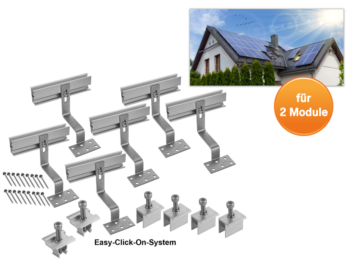 Solar Halterung Ziegeldach I Set für 2 PV Module 30-40mm I silber I Solarmodul Halterung Balkonkraftwerk I Solarmodulbefestigungsset für Ziegeldächer aus Edelstahl I PV-Halterung Montageset