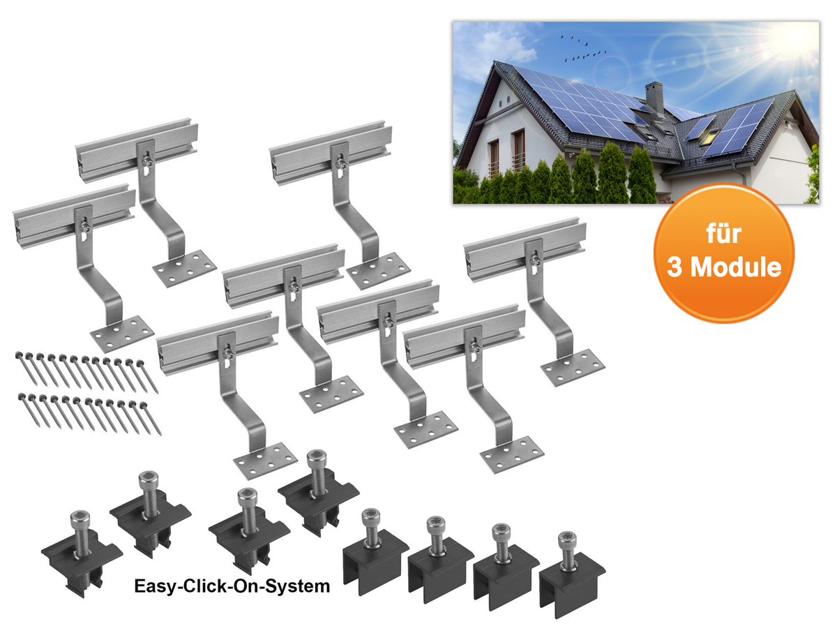 Solar Halterung Ziegeldach I Set für 3 PV Module 30-40mm I silber / schwarz I Solarmodul Halterung Balkonkraftwerk I Solarmodulbefestigungsset für Ziegeldächer aus Edelstahl