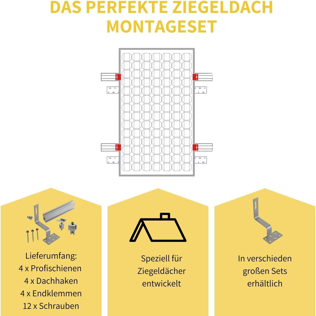 Solar Halterung Ziegeldach I Set für 1 PV Module 30-40mm I silber / schwarz I Solarmodul Halterung Balkonkraftwerk I Solarmodulbefestigungsset für Ziegeldächer aus Edelstahl
