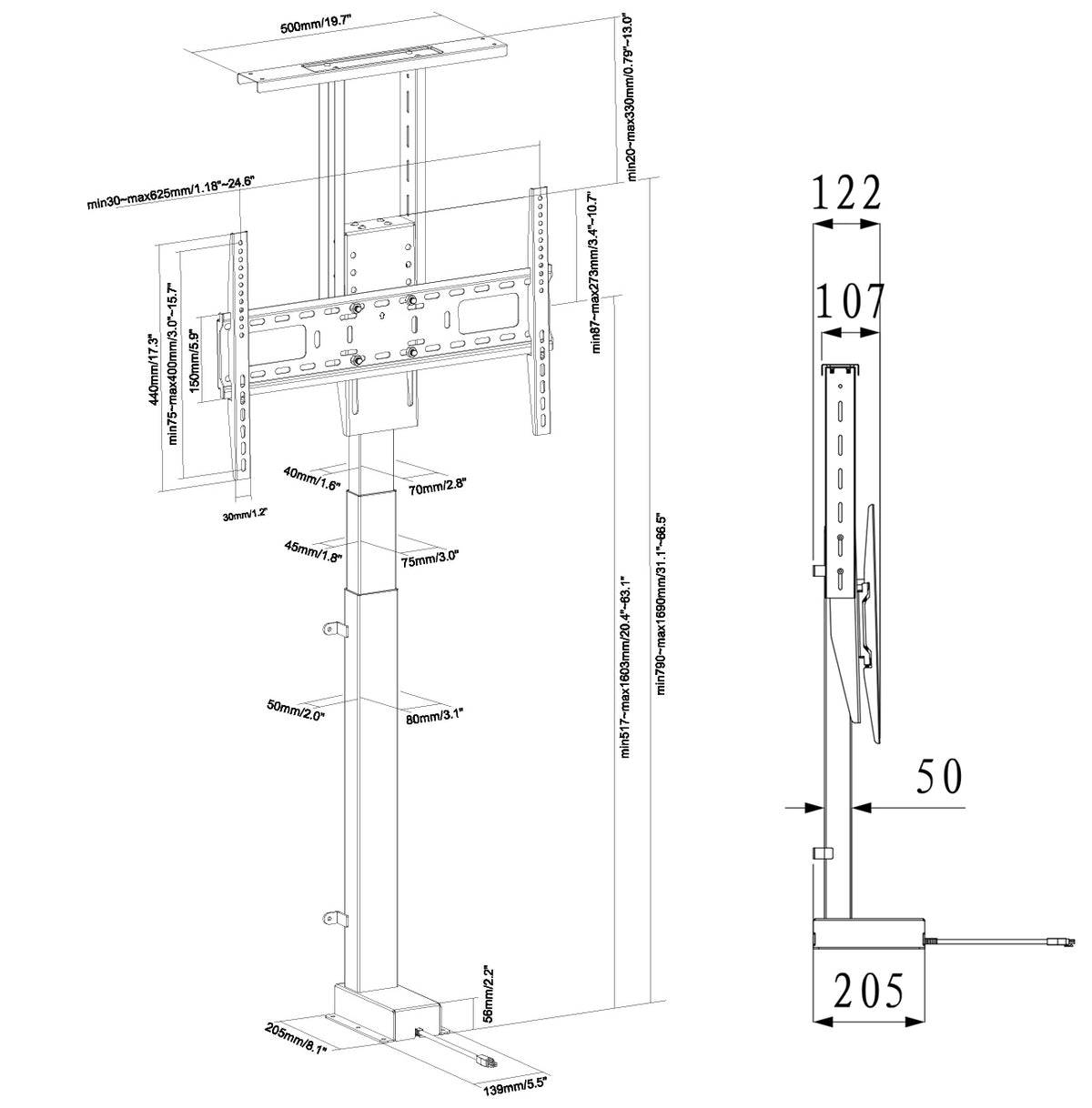 MyWall HP63-1 elektrischer TV Lift zum Einbau in Möbel für 37-65" Bildschirme (mit Fernbedienung, für 94-165cm TVs, max. 60kg Belastbarkeit)