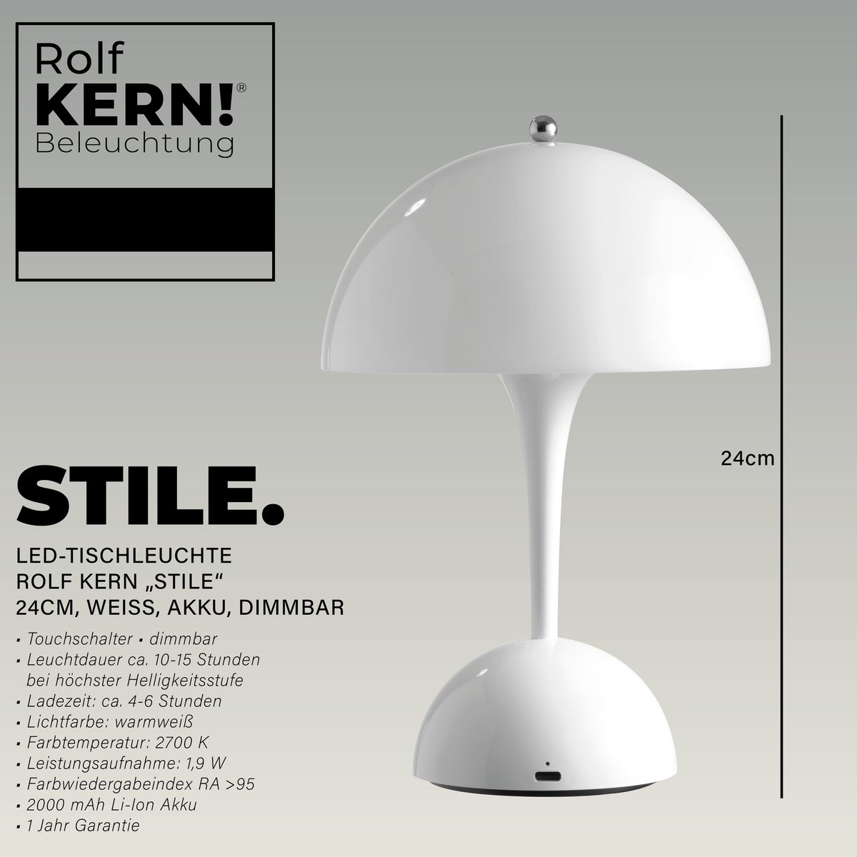 ROLF KERN LED Tischlampe | Stil 24cm | Akku Nachttischlampe, Schreibtischlampe Dimmbar, Warmweiß 2700K, Touch-Dimmer, IP44, kabellose Design Tischleuchte für Wohnzimmer, Büro, Balkon Terasse Outdoor