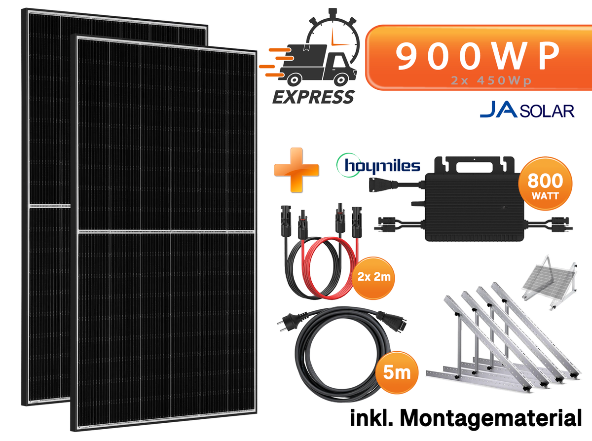 900Wp Balkonkraftwerk - 2x TRINA 445W Black Frame bifazial & Hoymiles HMS-800W-2T Wechselrichter mit Flachdach / Wandmontage