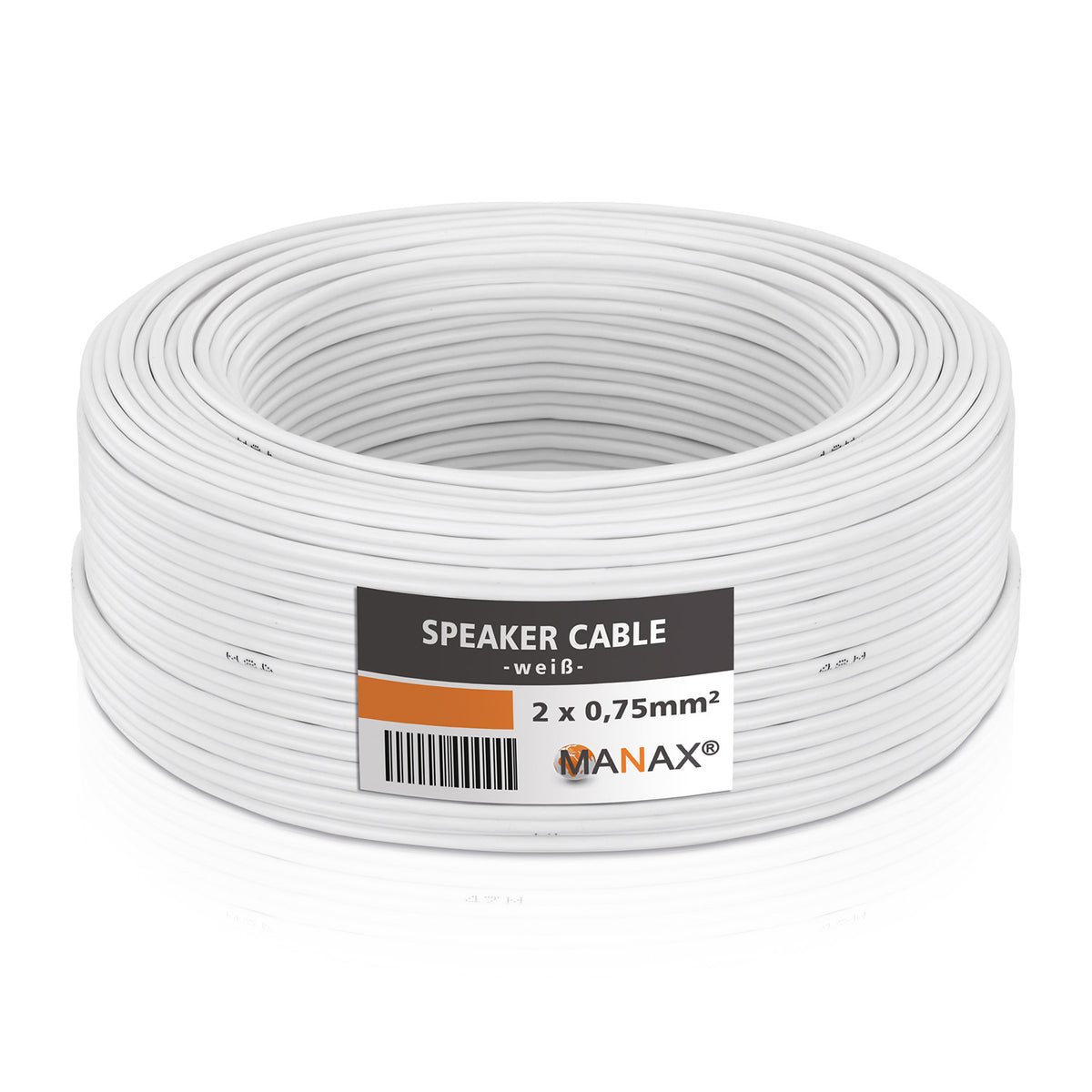 MANAX Lautsprecherkabel weiß 2x 0,75mm² – 50 Meter Ring | CCA-Kupfer Boxenkabel für klaren Sound bei HiFi, Heimkino und Car-HiFi mit Polaritätskennzeichnung