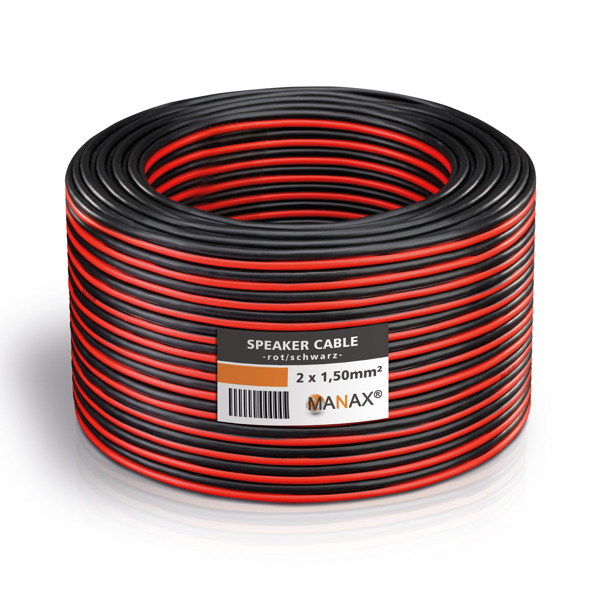 MANAX Lautsprecherkabel rot / schwarz 2x 1,50mm² – 50 Meter Ring | CCA-Kupfer Boxenkabel für klaren Sound bei HiFi, Heimkino und Car-HiFi mit Polaritätskennzeichnung