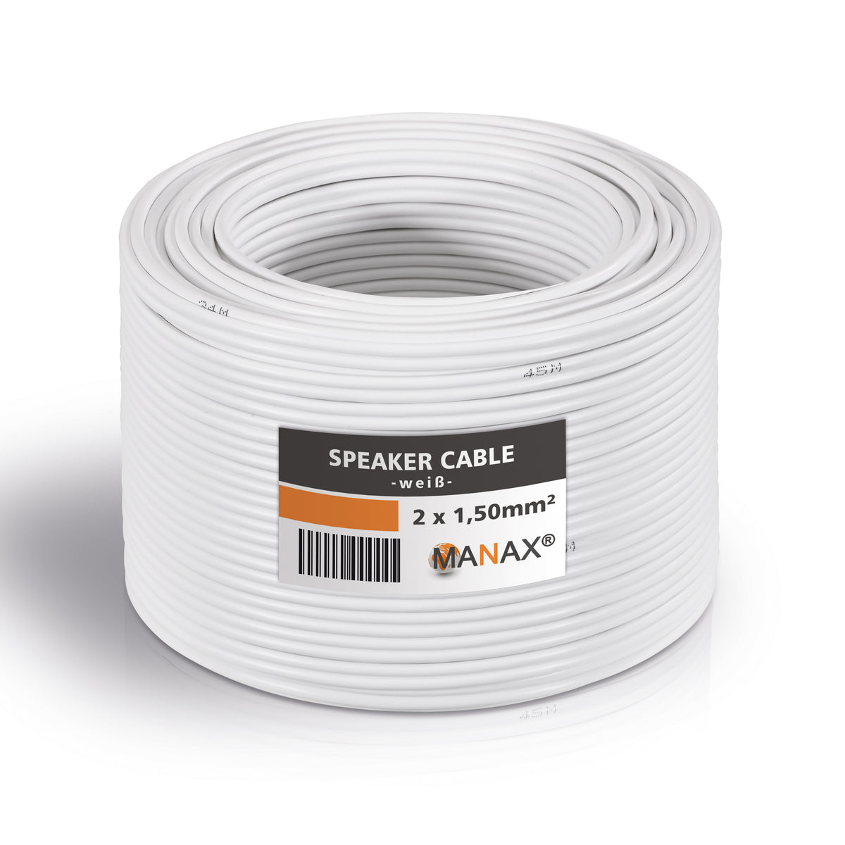 MANAX Lautsprecherkabel weiß 2x 1,50mm² – 20 Meter Ring | CCA-Kupfer Boxenkabel für klaren Sound bei HiFi, Heimkino und Car-HiFi mit Polaritätskennzeichnung