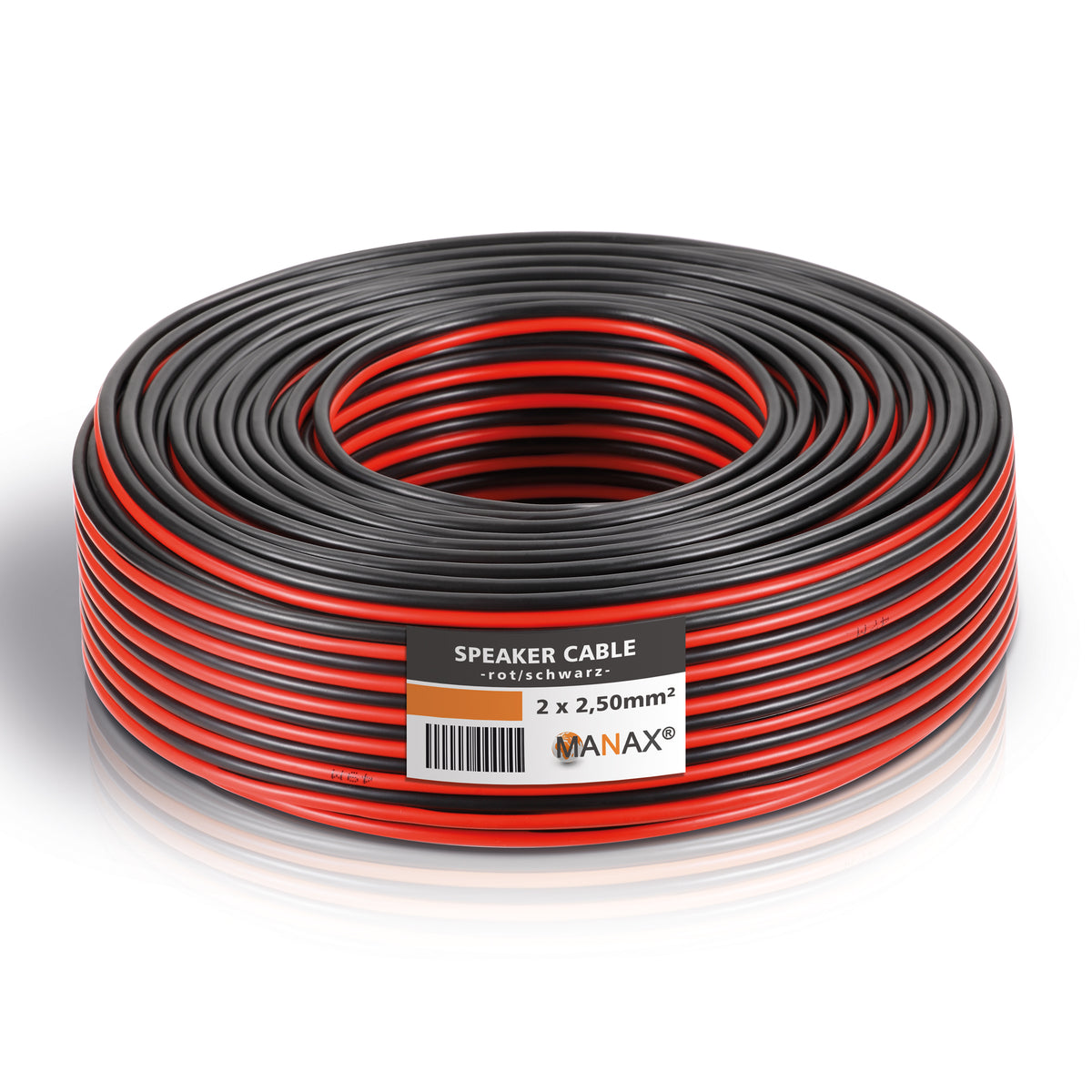 MANAX Lautsprecherkabel rot / schwarz 2x 2,50mm² – 10 Meter Ring | CCA-Kupfer Boxenkabel für klaren Sound bei HiFi, Heimkino und Car-HiFi mit Polaritätskennzeichnung