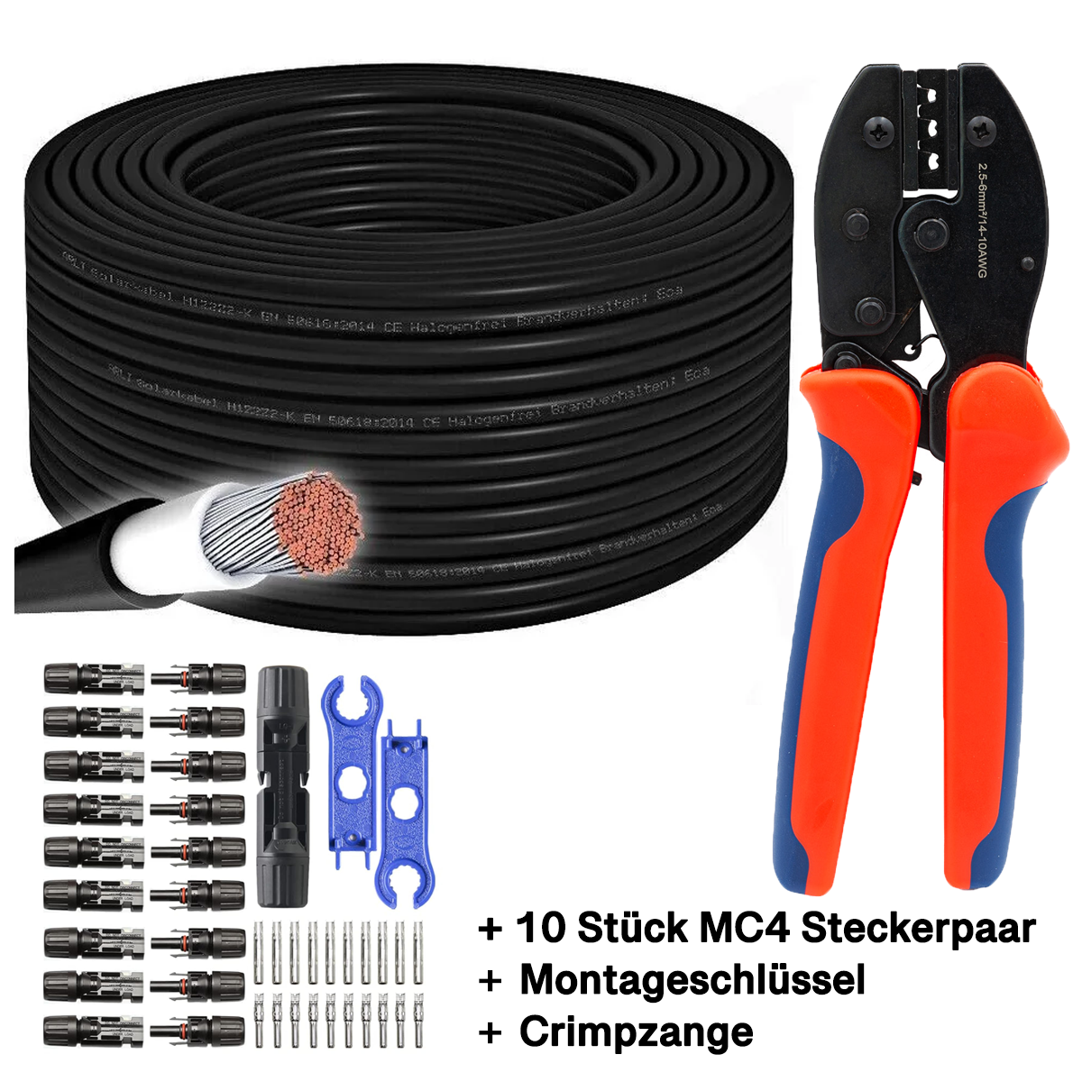 50m Solarkabel 6mm² schwarz H1Z2Z2-K Solar Kabel Crimpzange 10 Paar MC4 Solarstecker