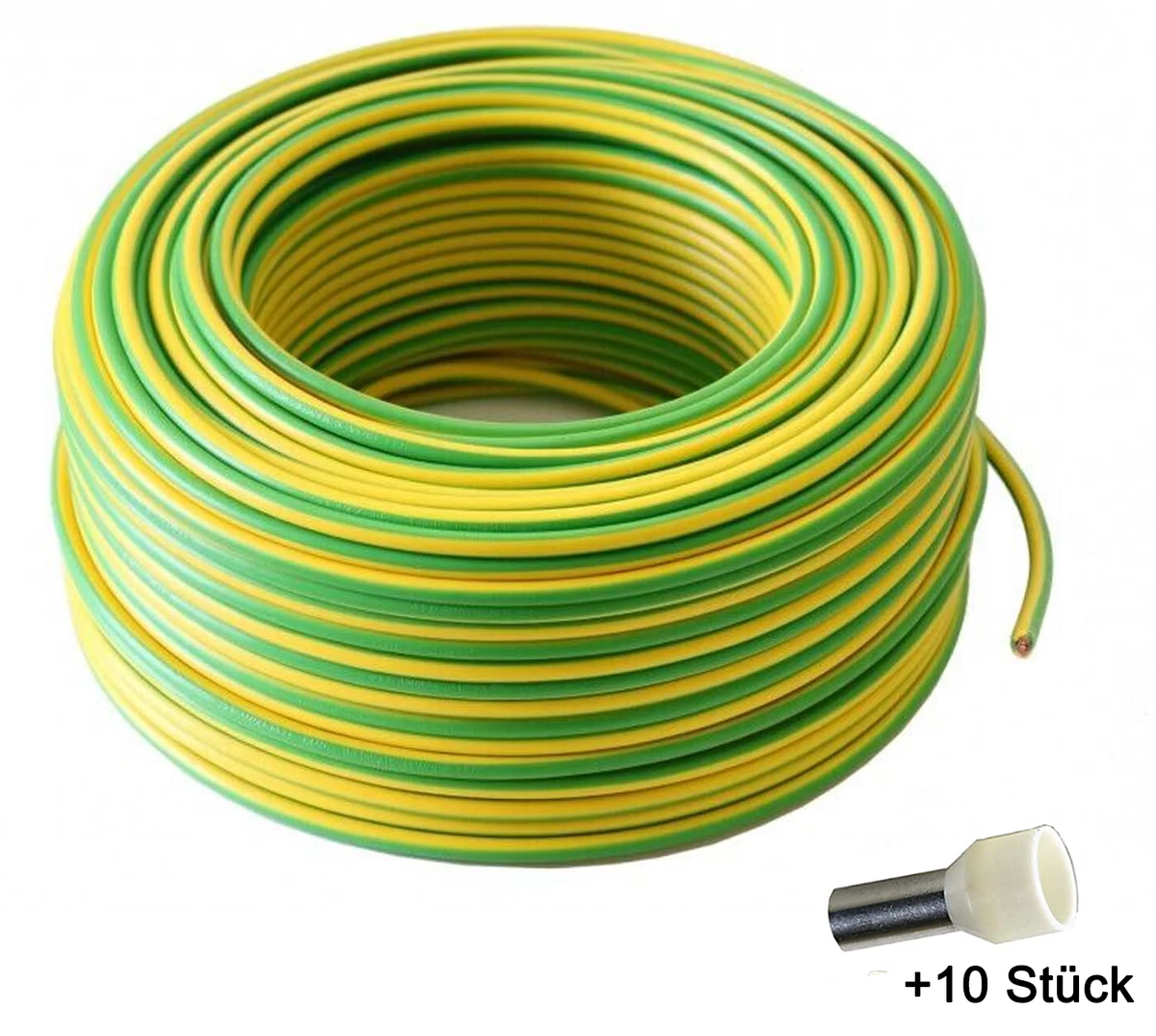100m Erdungskabel 10mm2 H07V-K PVC grün-gelb flexible Aderleitung für PV-Anlagen inkl. 10 Aderendhülsen (10mm²x12mm)
