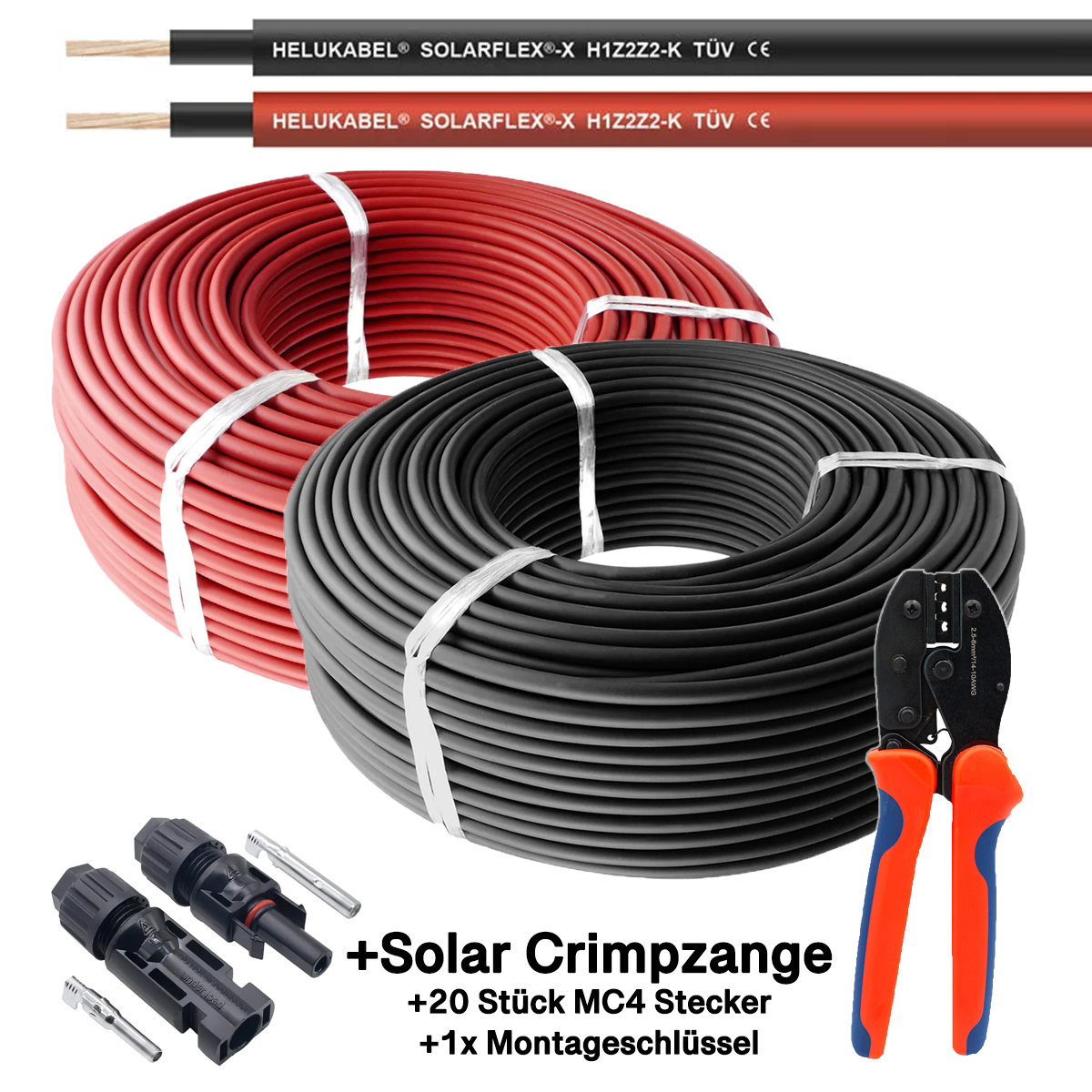 2er Pack rot + schwarz Solarkabel 4mm² - je 100m - UV-beständig, halogenfrei, flexibel ... inkl. Solar Crimpzange und 20x MC4 Solarstecker