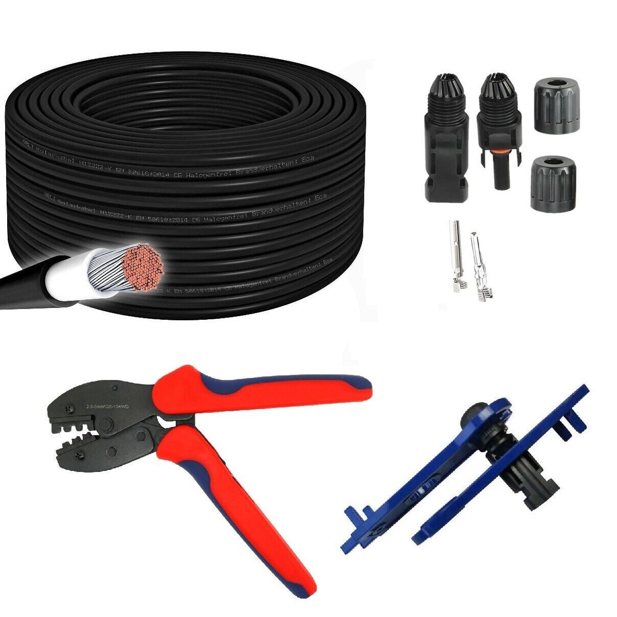 50m Solarkabel 6mm² schwarz H1Z2Z2-K Solar Kabel Crimpzange 10 Paar MC4 Solarstecker