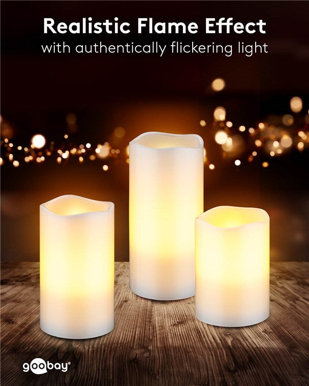 flammenlose Echtwachs LED-Kerzen 3er-Set mit realistischen Flammen, mit 10-Tasten Fernbedienung mit 2/4/6/8- Stunden Timer
