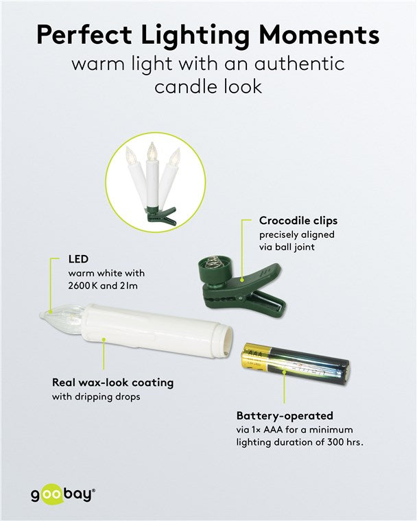 Kabellose LED Weihnachtsbaumkerzen mit Klemmen, Fernbedienung und Timerfunktion, Christbaumkerzen, Baumkerzen, warmweiß (2600 K), dimmbar, 10er Set