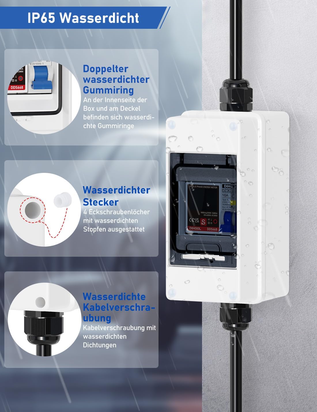 Mobiler Digitaler Stromzähler Für Steckdose 80A 230V Mit Typ A fi ls Schutzschalter 16A und Schuko Stecker Ip65 Stromverbrauchsmesser