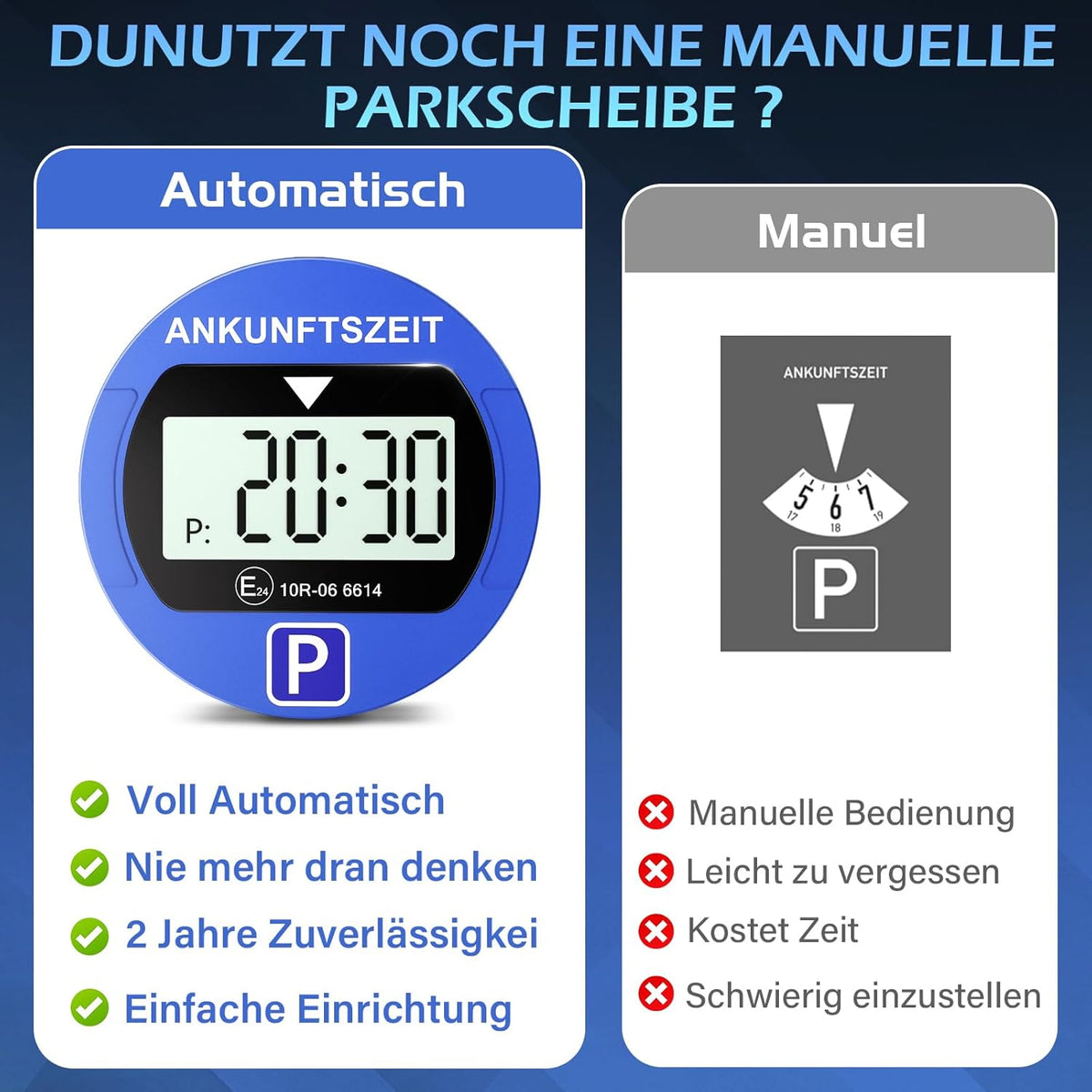 Elektronische Parkscheibe mit Zulassung vom KBA, Automatische Digitale Parkscheibe Elektrisch mit Batterie, Elektrische Parkuhr Auto mit 2 Displays & Nachtparkmodus & Vielseitig