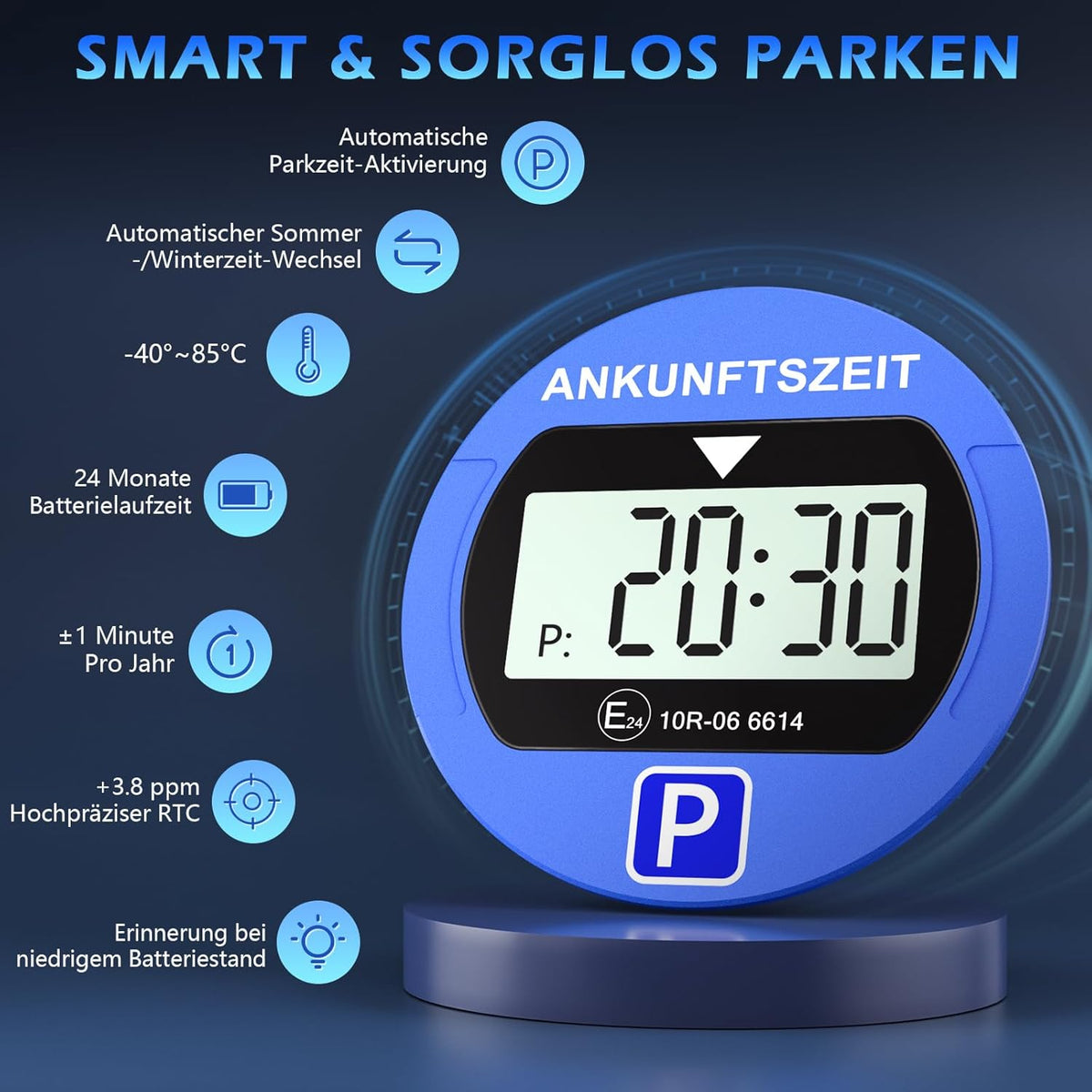 2 Stück Elektronische Parkscheibe mit Zulassung vom KBA, Automatische Digitale Parkscheibe Elektrisch mit Batterie, Elektrische Parkuhr Auto mit 2 Displays & Nachtparkmodus & Vielseitig