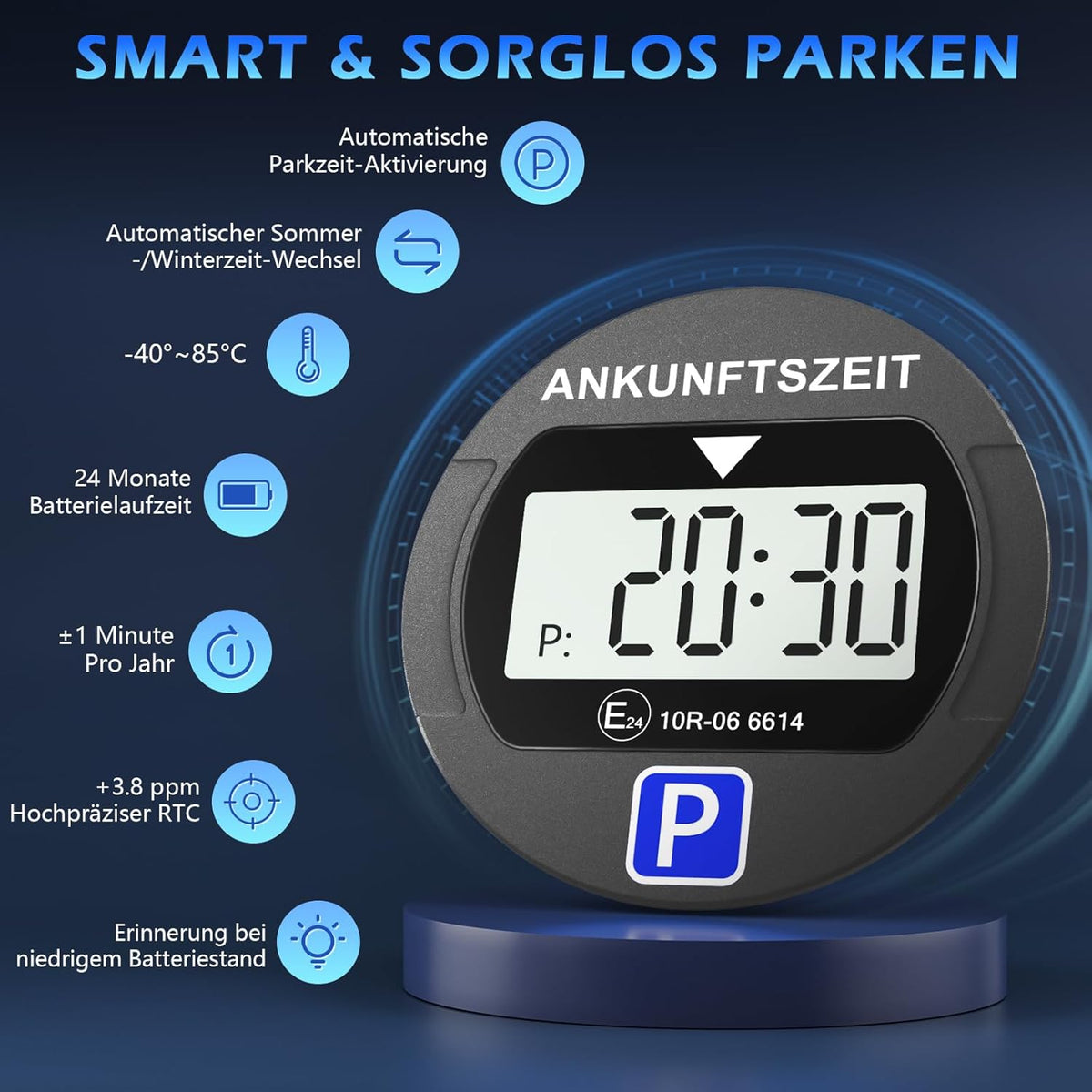 Elektronische Parkscheibe mit Zulassung vom KBA, Automatische Digitale Parkscheibe Elektrisch mit Batterie, Elektrische Parkuhr Auto mit 2 Displays & Nachtparkmodus & Vielseitig