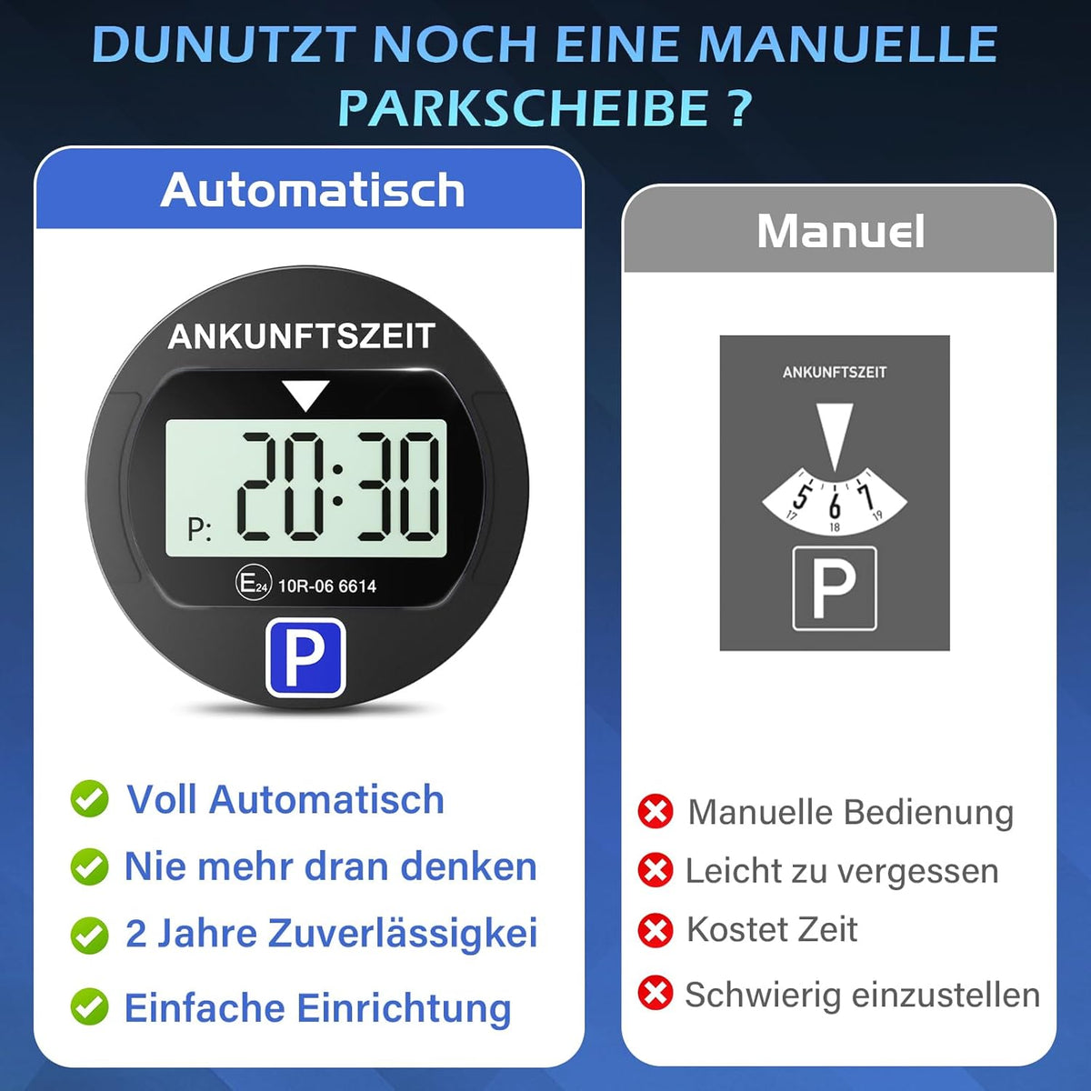 Elektronische Parkscheibe mit Zulassung vom KBA, Automatische Digitale Parkscheibe Elektrisch mit Batterie, Elektrische Parkuhr Auto mit 2 Displays & Nachtparkmodus & Vielseitig