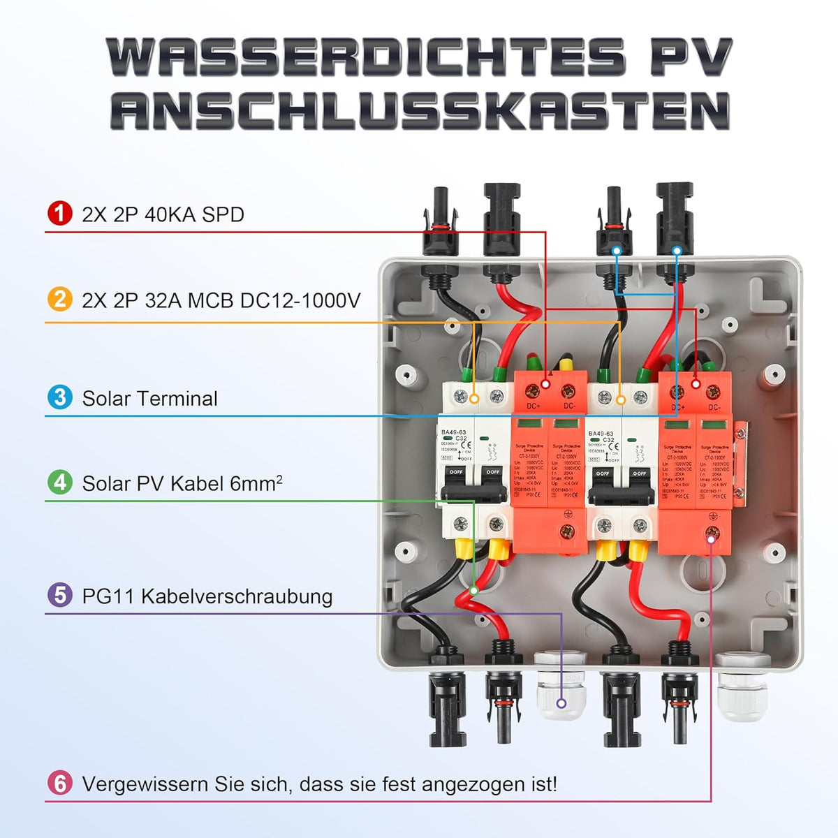 Überspannungsschutz PV DC1000V Blitzschutz Leitungsschutzschalter 32A DC Trennschalter PV Anlage 2 String, IP65 Wasserdicht & UV-Beständig Solar Anschlusskasten 2 in 2 out