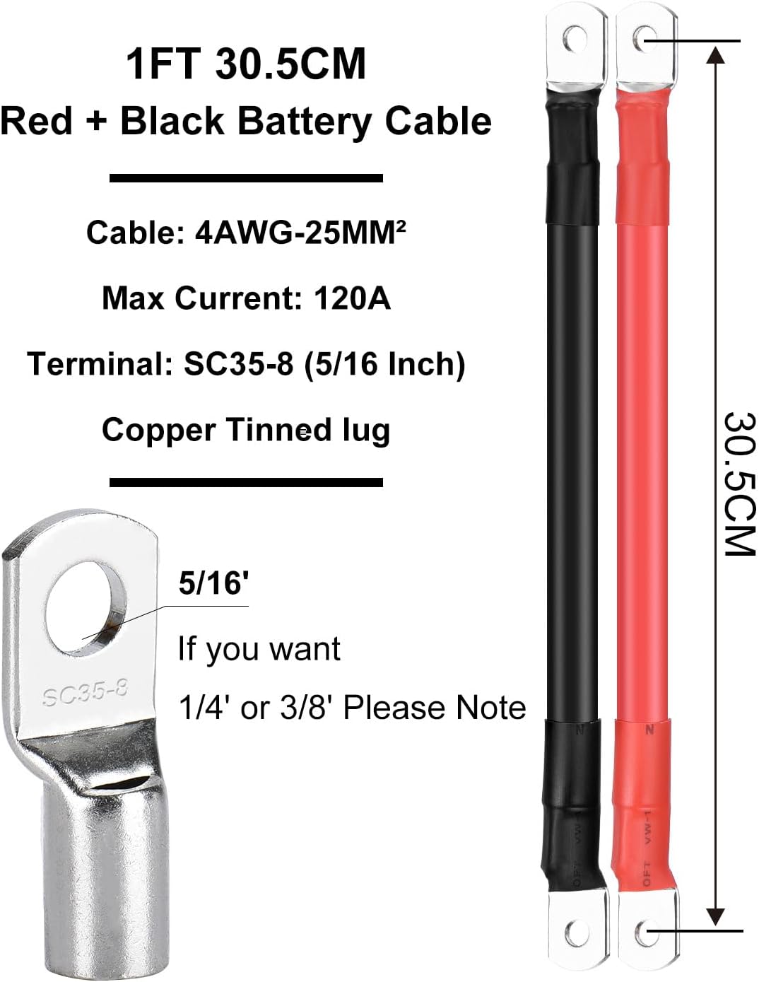 30cm Batteriekabel 25mm² M8 4AWG Silikonkabel Flexibel Hitzebeständiges