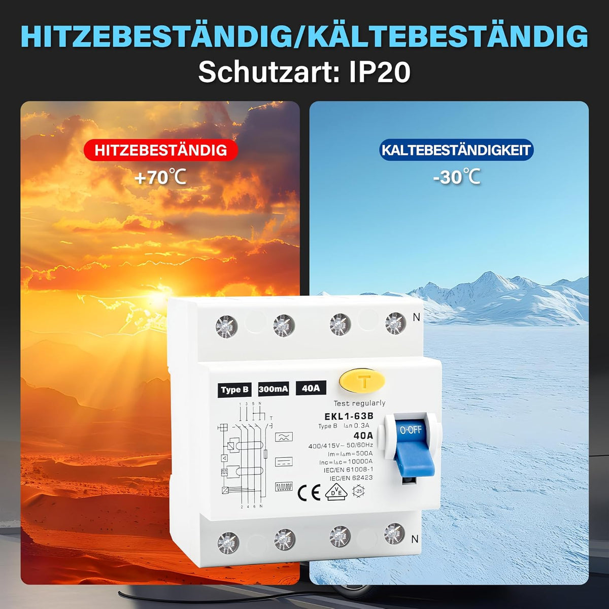 FI Schutzschalter Typ B 40A 30mA 4 Polig, VDE Zertifizierung Fehlerstromschutzschalter RCD Allstromsensitiver Schalter Automat Sicherun für Wallboxen Ladestationen, DIN Hutschiene Montage