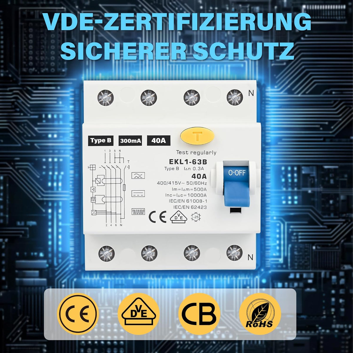 FI Schutzschalter Typ B 40A 30mA 4 Polig, VDE Zertifizierung Fehlerstromschutzschalter RCD Allstromsensitiver Schalter Automat Sicherun für Wallboxen Ladestationen, DIN Hutschiene Montage