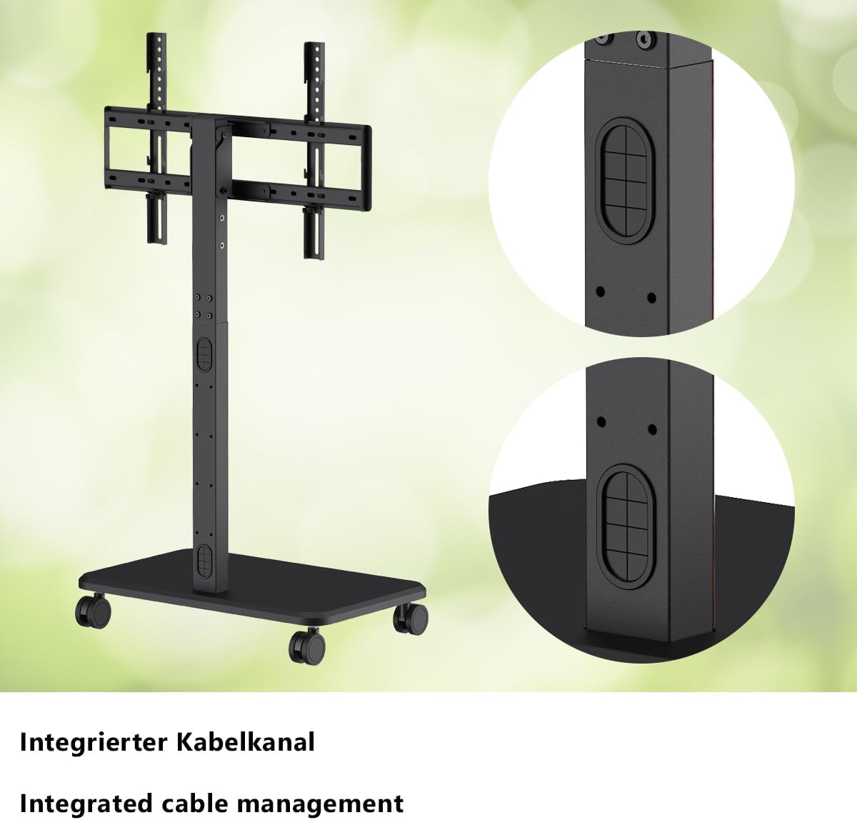 My Wall Rollbarer TV Ständer - HP126L, 32–85 Zoll, Höhenverstellbarer Fernsehständer mit Walnuss Holzoptik, neigbar & drehbar, TV Standfuß mit feststellbaren Rollen & Kabelkanal