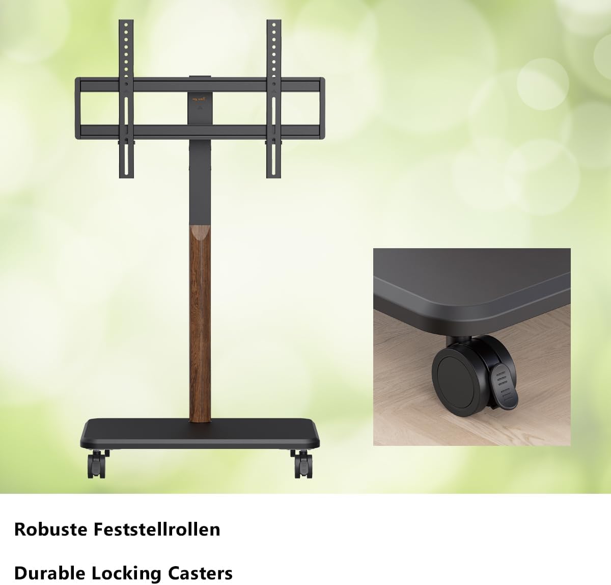 My Wall Rollbarer TV Ständer - HP126L, 32–85 Zoll, Höhenverstellbarer Fernsehständer mit Walnuss Holzoptik, neigbar & drehbar, TV Standfuß mit feststellbaren Rollen & Kabelkanal