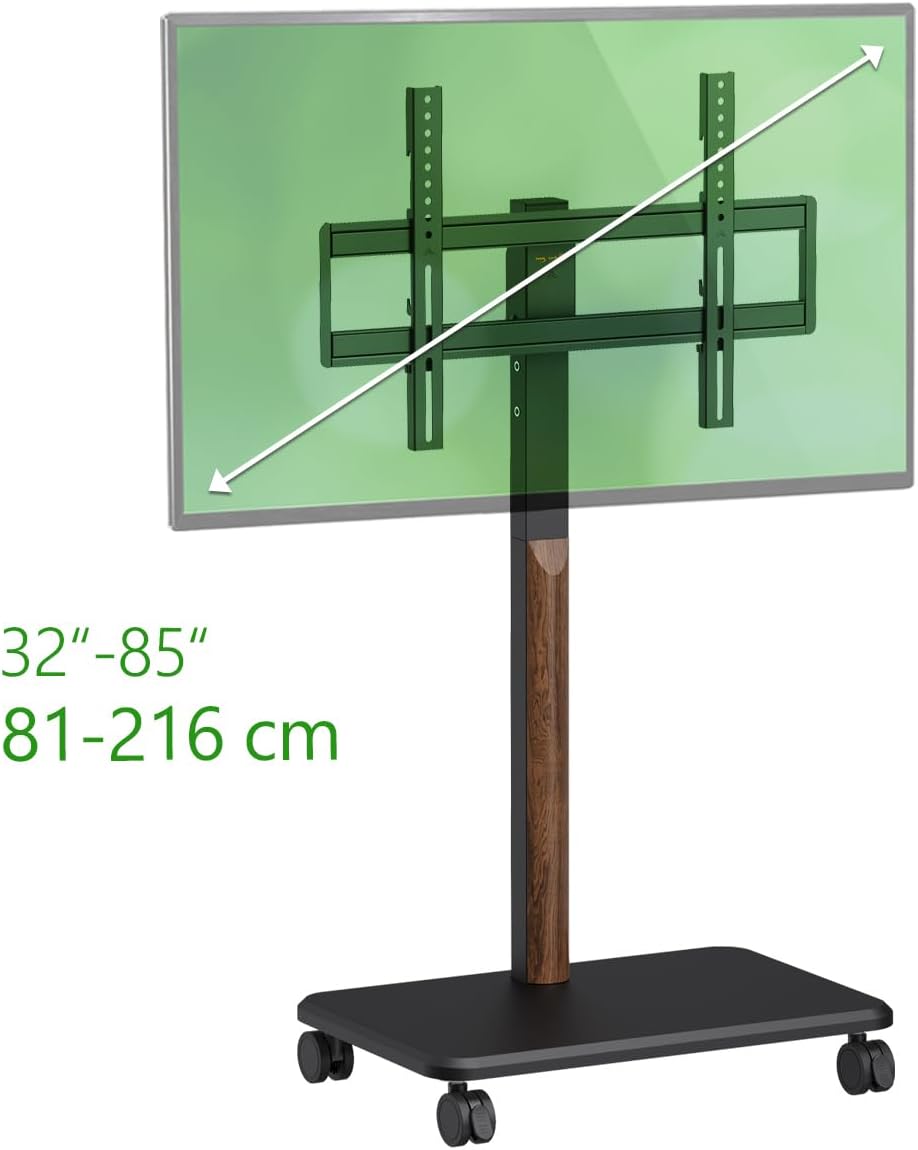 My Wall Rollbarer TV Ständer - HP126L, 32–85 Zoll, Höhenverstellbarer Fernsehständer mit Walnuss Holzoptik, neigbar & drehbar, TV Standfuß mit feststellbaren Rollen & Kabelkanal