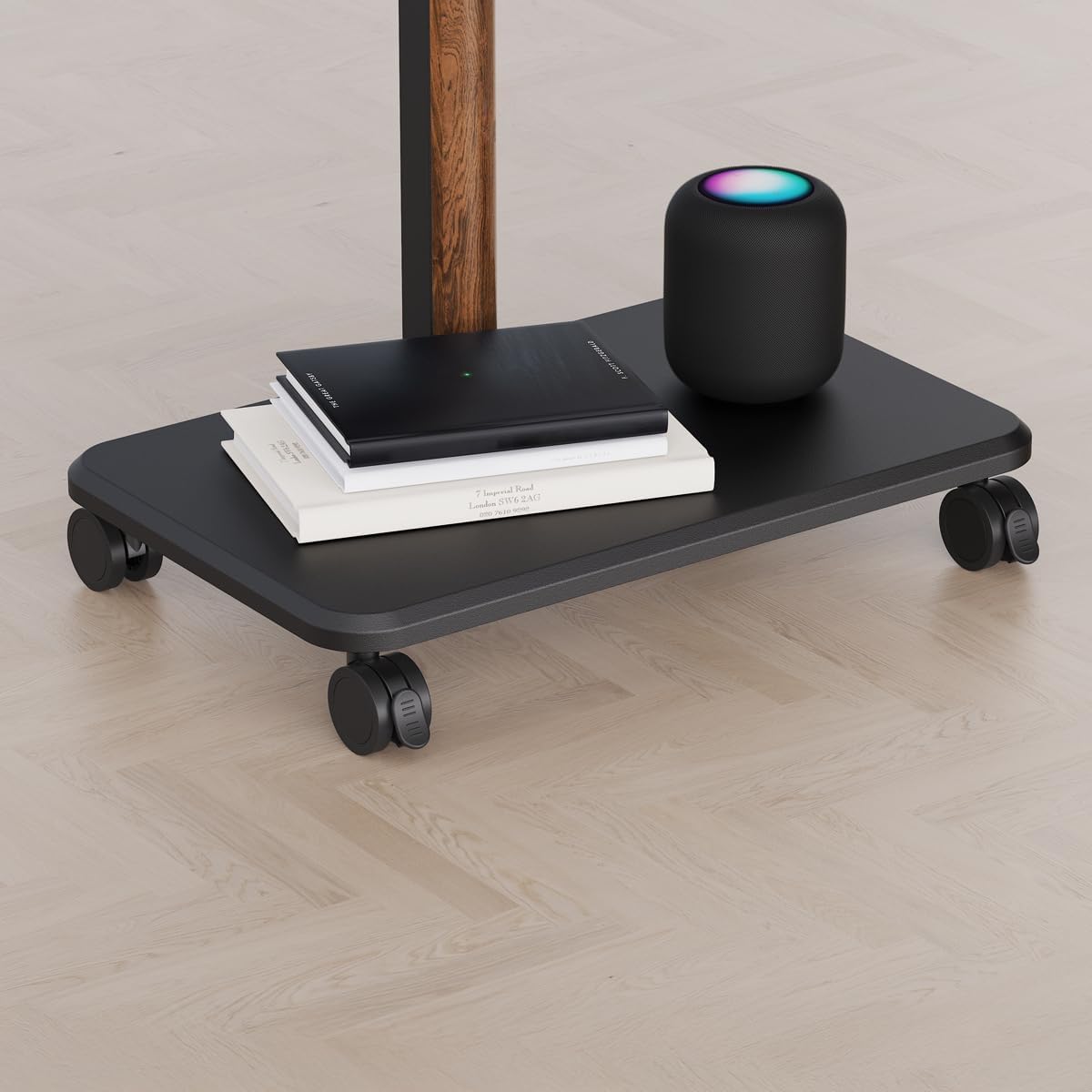 My Wall Rollbarer TV Ständer - HP126L, 32–85 Zoll, Höhenverstellbarer Fernsehständer mit Walnuss Holzoptik, neigbar & drehbar, TV Standfuß mit feststellbaren Rollen & Kabelkanal