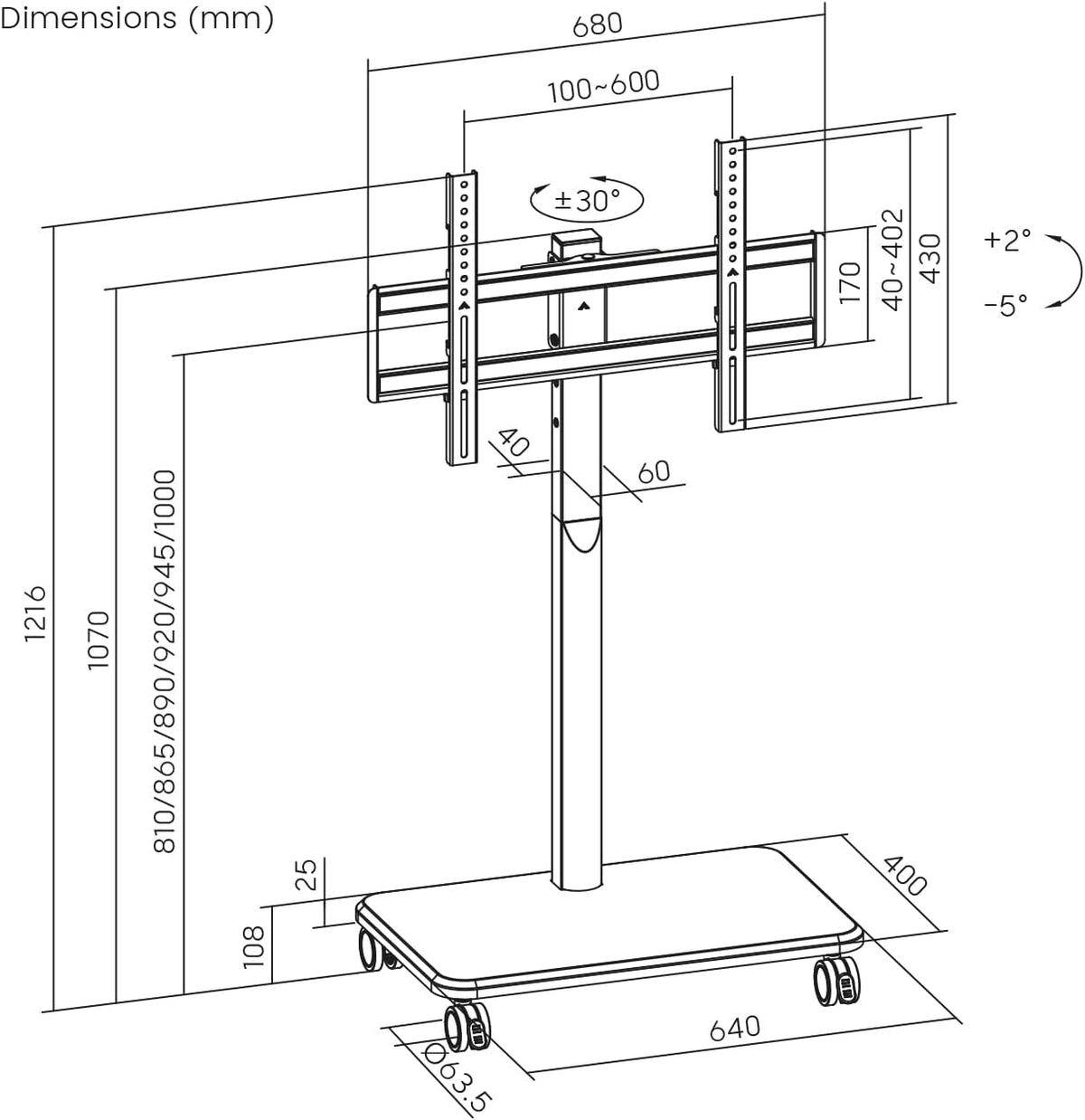 My Wall Rollbarer TV Ständer - HP126L, 32–85 Zoll, Höhenverstellbarer Fernsehständer mit Walnuss Holzoptik, neigbar & drehbar, TV Standfuß mit feststellbaren Rollen & Kabelkanal