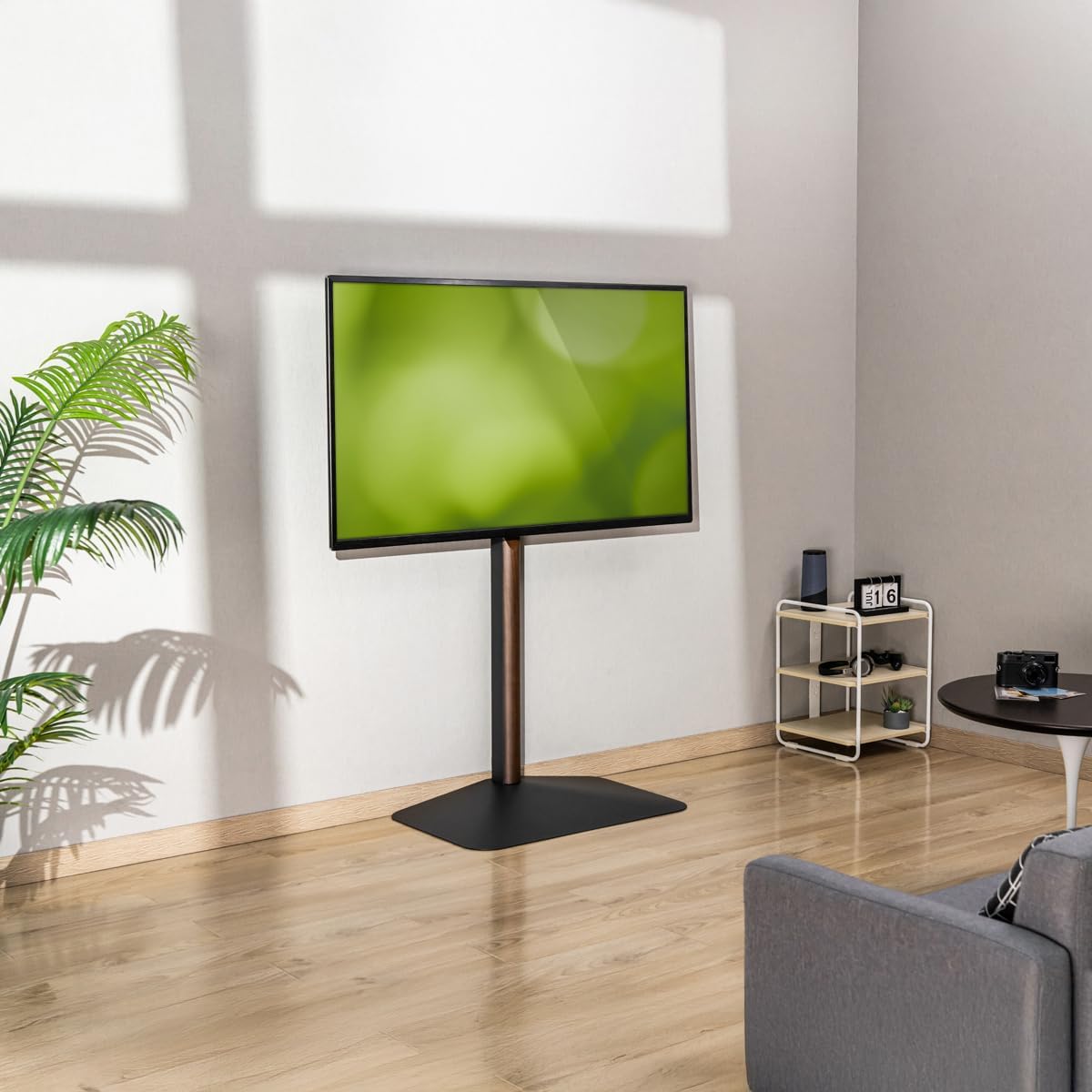 My Wall TV Ständer höhenverstellbar - HP125L, mit Walnuss-Holzoptik, moderner TV Standfuß für 32–75 Zoll Fernseher, neigbar +5°/-10°, stabile Bodenplatte, VESA 100x100–600x400