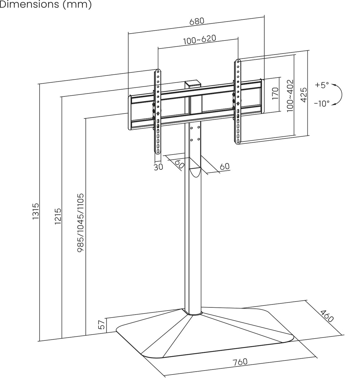 My Wall TV Ständer höhenverstellbar - HP125L, mit Walnuss-Holzoptik, moderner TV Standfuß für 32–75 Zoll Fernseher, neigbar +5°/-10°, stabile Bodenplatte, VESA 100x100–600x400