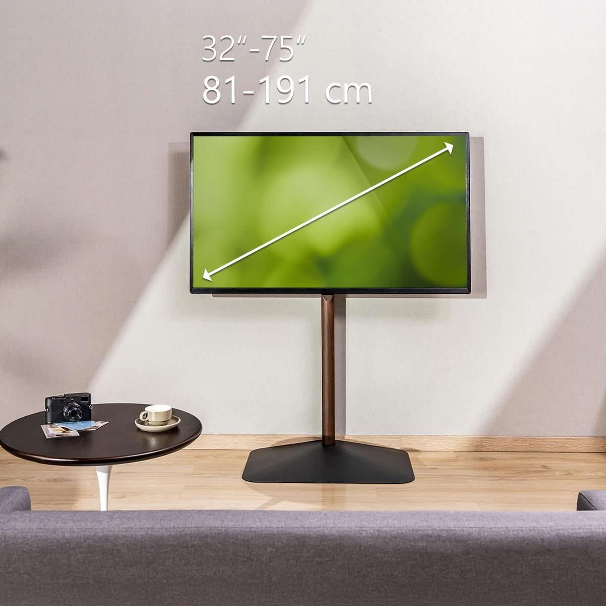 My Wall TV Ständer höhenverstellbar - HP125L, mit Walnuss-Holzoptik, moderner TV Standfuß für 32–75 Zoll Fernseher, neigbar +5°/-10°, stabile Bodenplatte, VESA 100x100–600x400