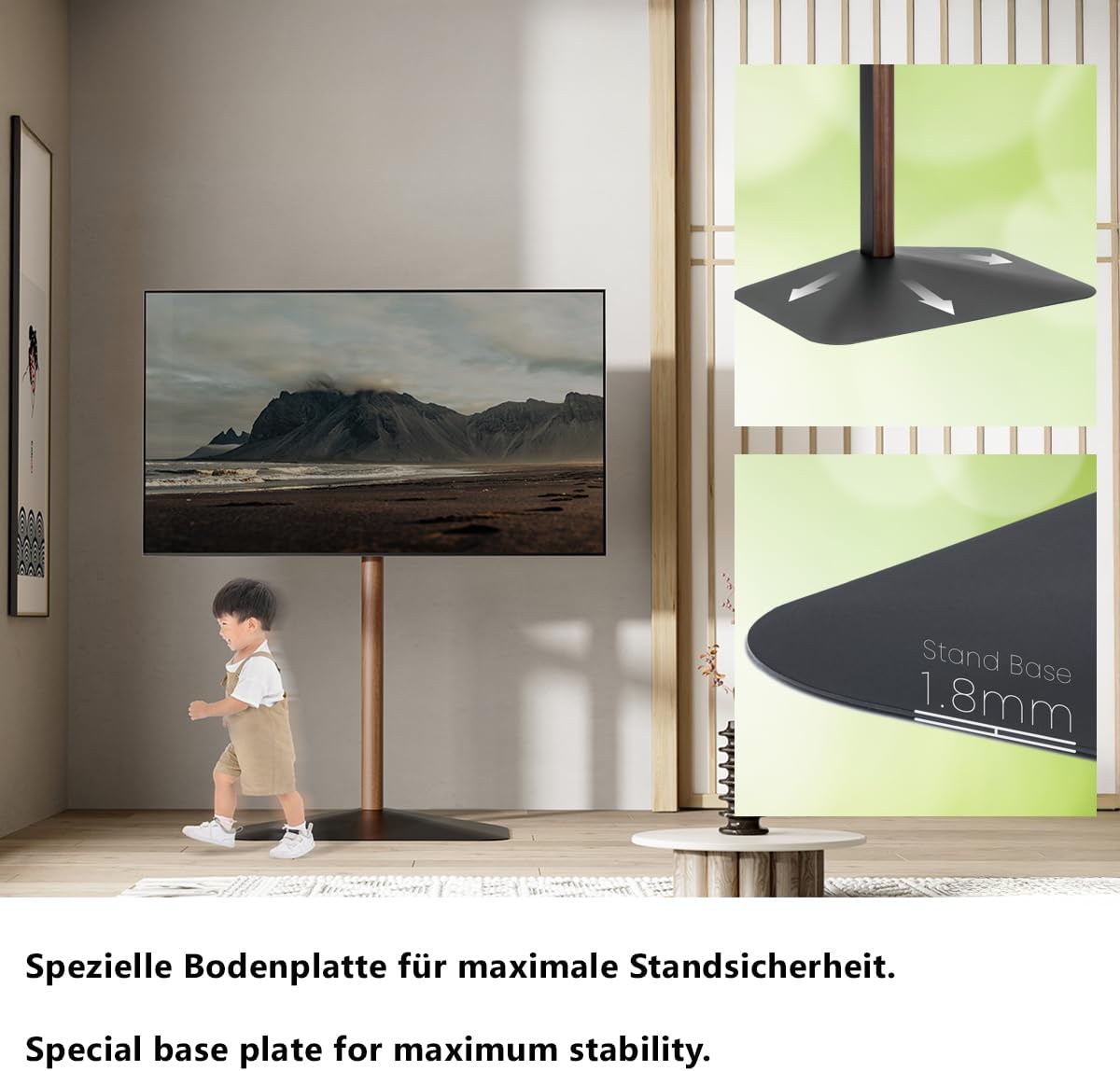 My Wall TV Ständer höhenverstellbar - HP125L, mit Walnuss-Holzoptik, moderner TV Standfuß für 32–75 Zoll Fernseher, neigbar +5°/-10°, stabile Bodenplatte, VESA 100x100–600x400