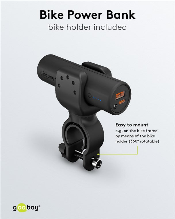 Bike Powerbank 5.0 5000 mAh inkl. verstärkter Halterung für Fahrradlenker / Powerbank für Ebike / Externer Akku/Ladegerät mit Quickcharge & Power Delivery / Charger für Samsung / Apple Klein