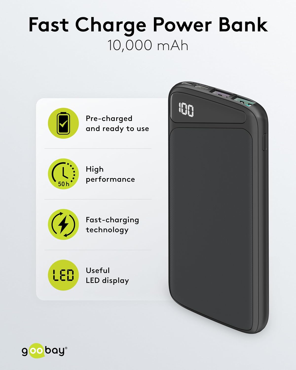 QC 3.0 Powerbank 10.000 mAh mit Schnellladefunktion / Externer Akku / Power Bank für Smartphone & Tablet / Ladegerät Powerpack mit 2 USB-A Ports, Schwarz, Kompakt