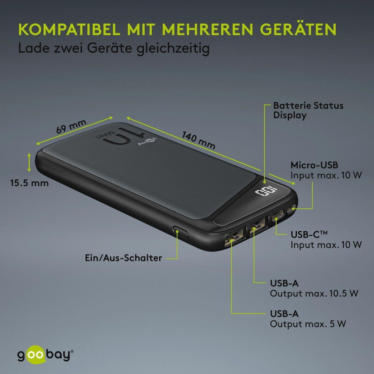 Powerbank Slimline 10.000 mAh / Externer Akku / Power Bank für Smartphone & Tablet