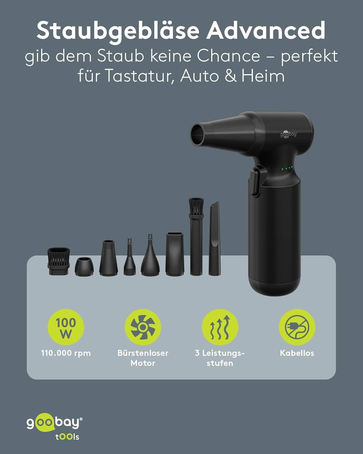 Staubgebläse Advanced mit 3 Stufen, 6.000 mAh Akku, 110.000 rpm, bis 80 min Betriebsdauer, inkl. 8 Aufsätze zum Entfernen von Staub auf Tastaturen, im PC, im Sofa, Autointerieur