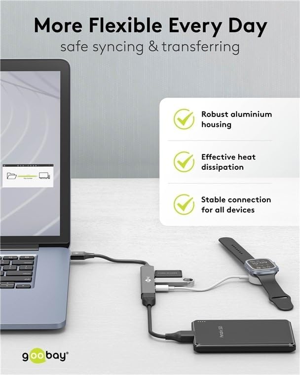 4-Port USB 3.2 Hub Slim, Multiple Plug, 5 Gbits, Splitter, A to 3xA and 1xC Multiport Adapter 3.0