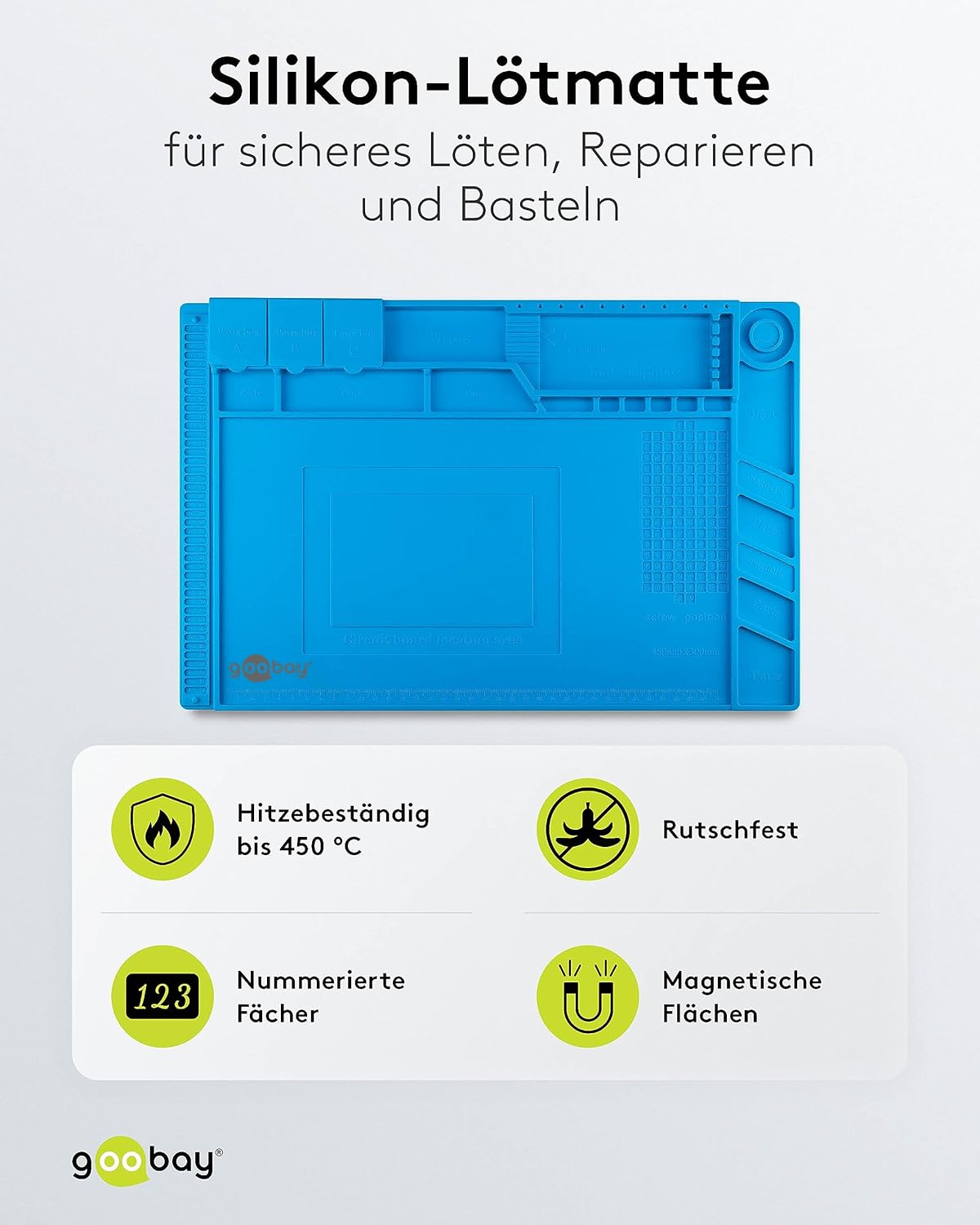 Magnetische Silikon Lötmatte/Geruchsfreie Arbeitsunterlage/Löten, Reparieren und Basteln/Rutschfeste Hitzebeständige Arbeitsmatte/Integriertes Lineal / 45cm x 30cm / Blau